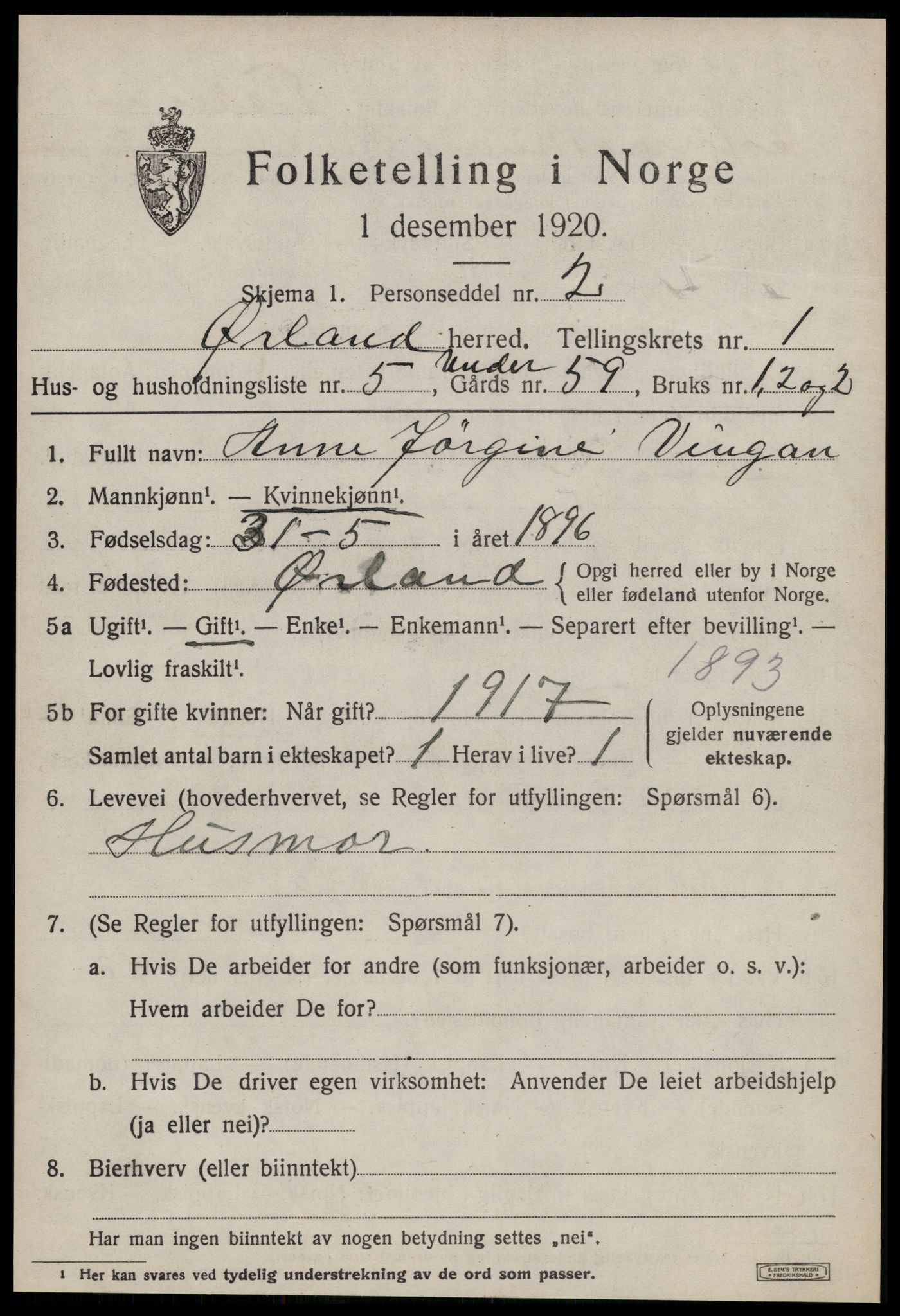SAT, 1920 census for Ørland, 1920, p. 1405
