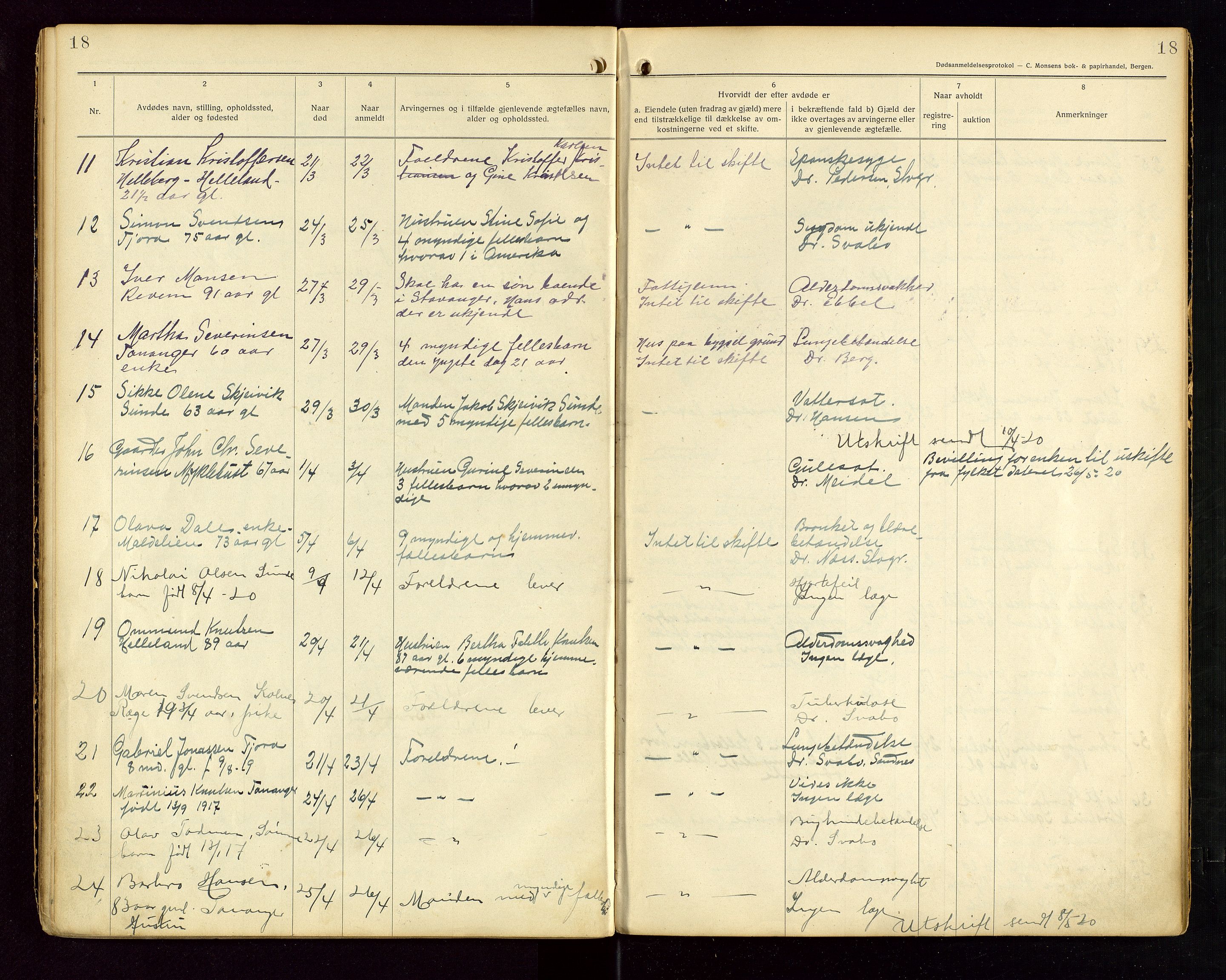 Håland lensmannskontor, AV/SAST-A-100100/Gga/L0002: "Dødsanmeldelser fra 6/9 1916 til 1926 i Haaland", 1916-1926, p. 18