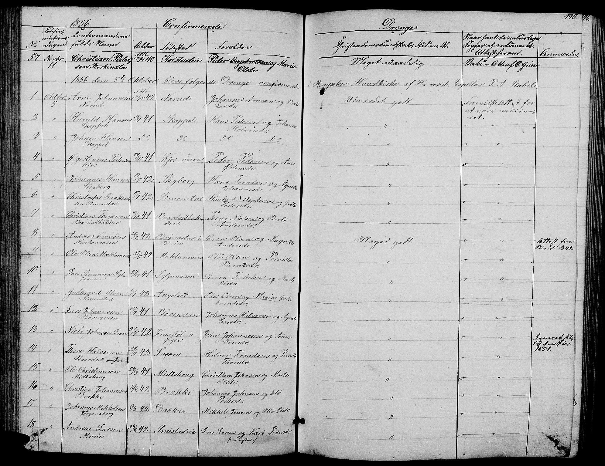 Ringsaker prestekontor, SAH/PREST-014/L/La/L0006: Parish register (copy) no. 6, 1851-1860, p. 195
