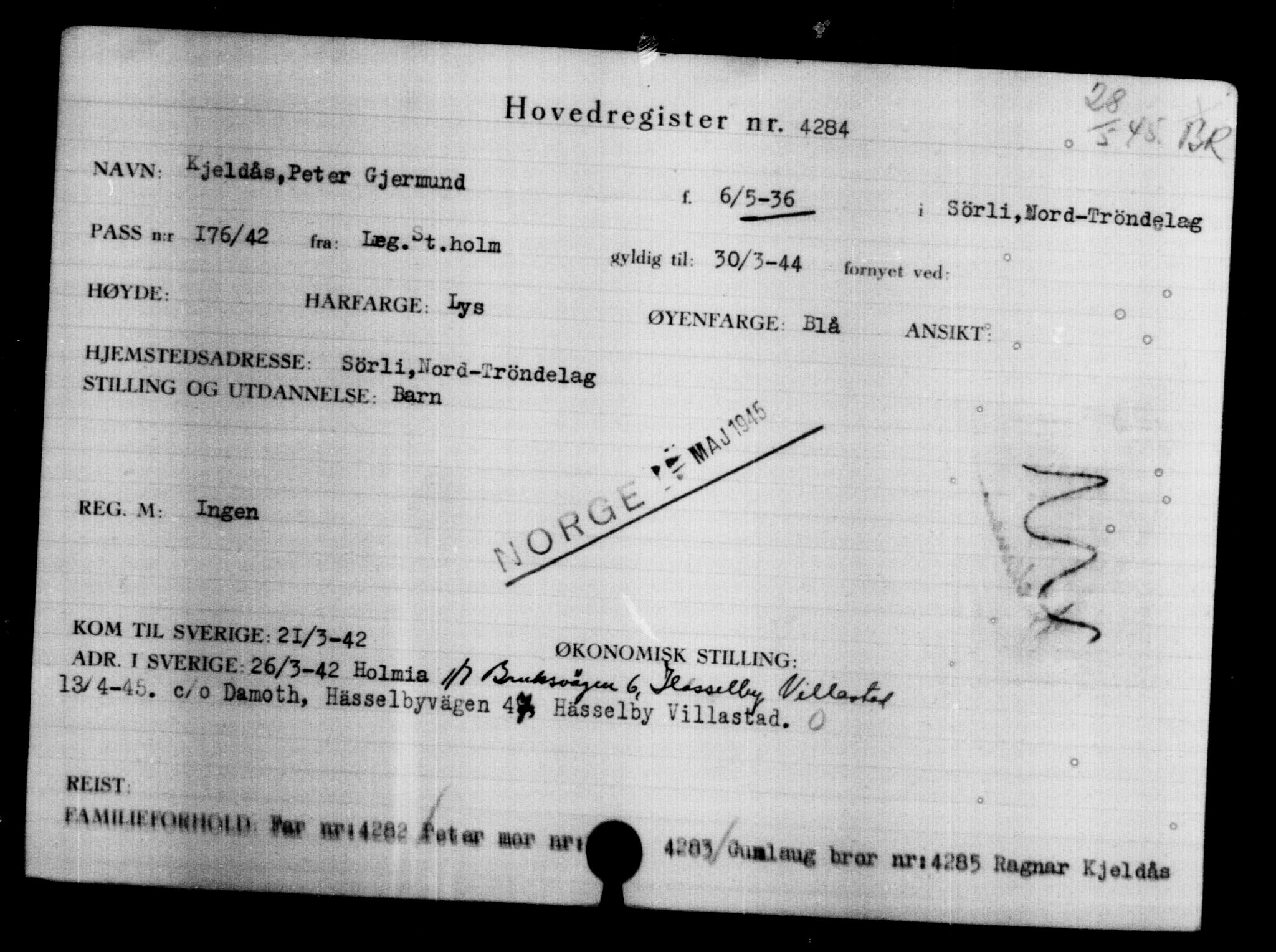 Utenriksstasjonene, Legasjonen i Stockholm, Flyktningkontoret, AV/RA-S-6753/V/Va/L0004: Kjesäterkartoteket, flyktninger med registreringsnr. 3496-6610, 1940-1945, p. 956