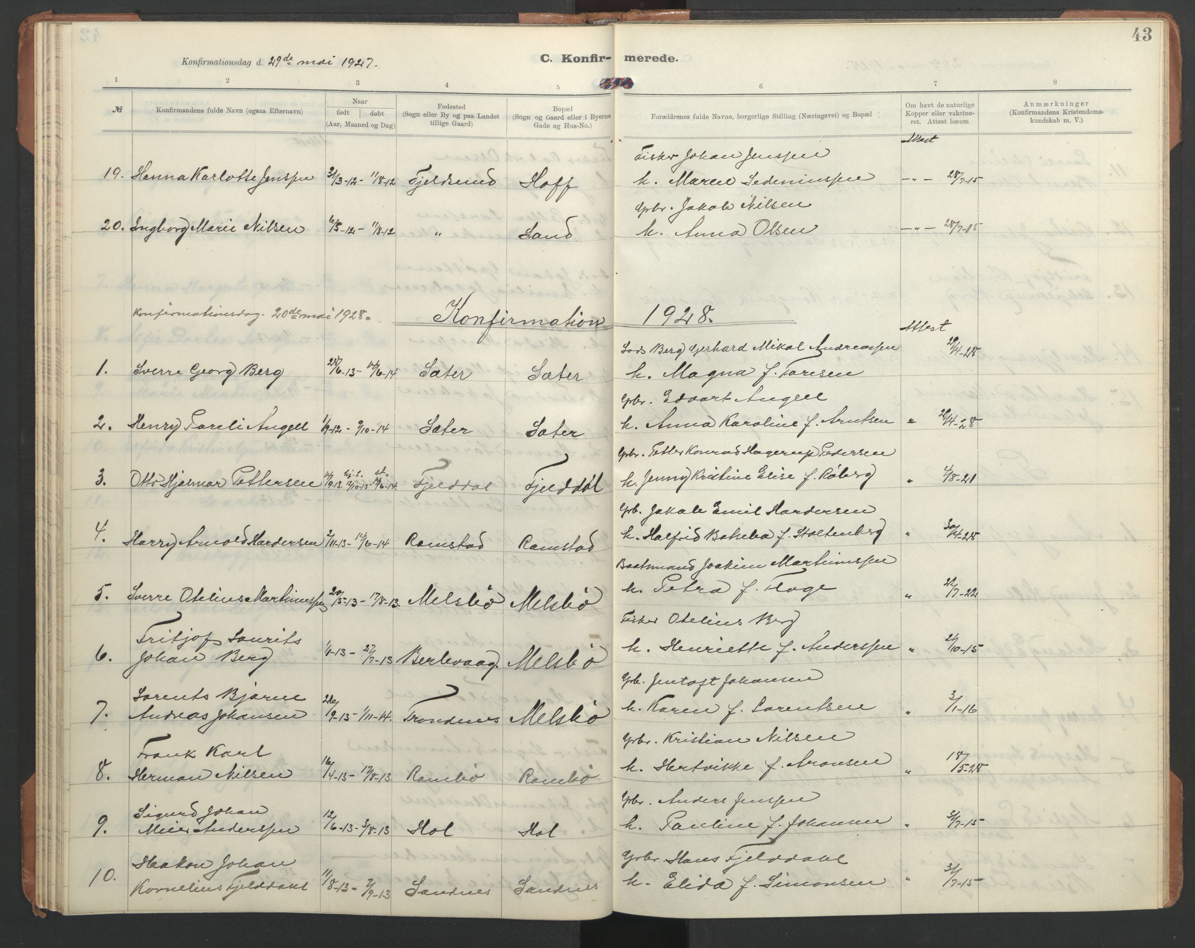 Ministerialprotokoller, klokkerbøker og fødselsregistre - Nordland, AV/SAT-A-1459/865/L0934: Parish register (copy) no. 865C06, 1911-1942, p. 43