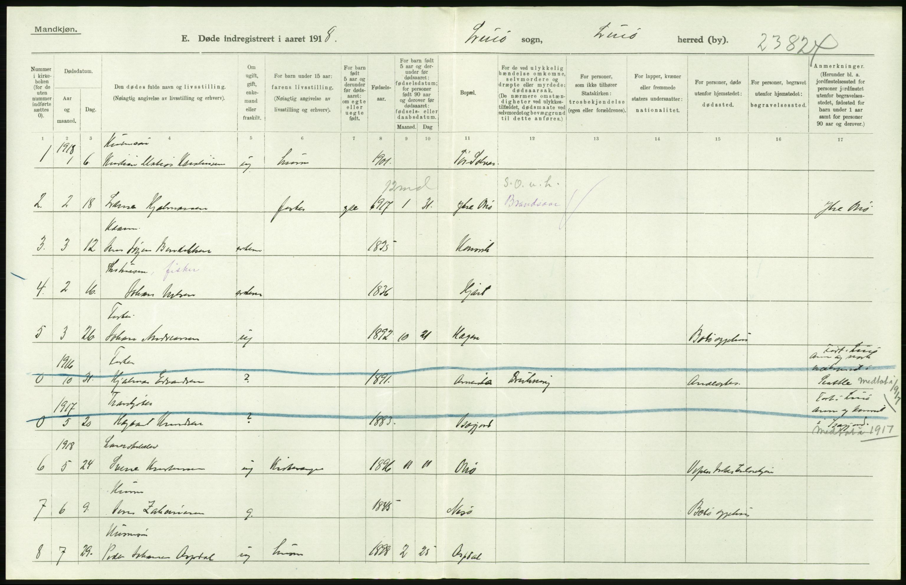 Statistisk sentralbyrå, Sosiodemografiske emner, Befolkning, AV/RA-S-2228/D/Df/Dfb/Dfbh/L0055: Nordland fylke: Døde. Bygder og byer., 1918, p. 156