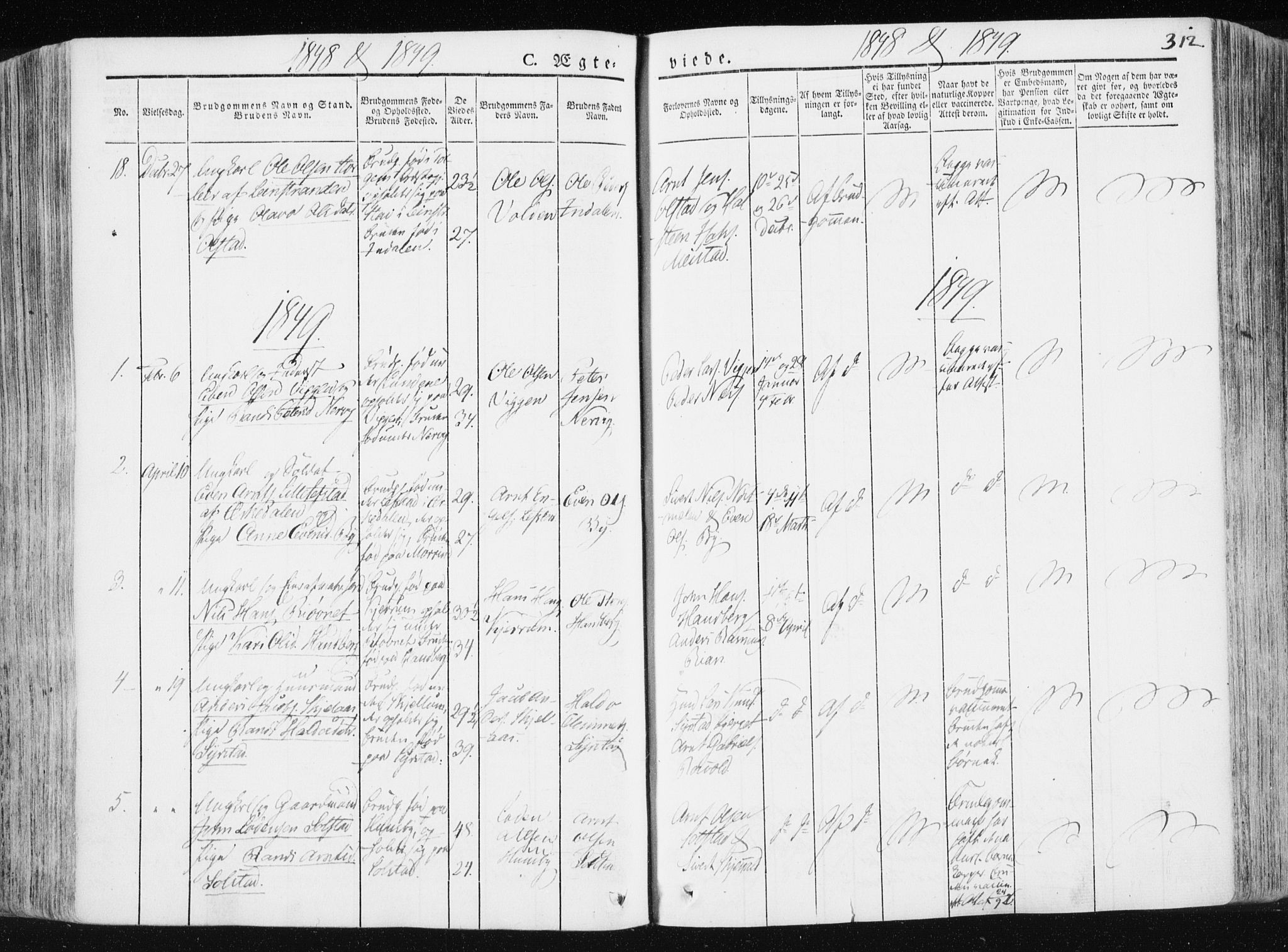 Ministerialprotokoller, klokkerbøker og fødselsregistre - Sør-Trøndelag, SAT/A-1456/665/L0771: Parish register (official) no. 665A06, 1830-1856, p. 312