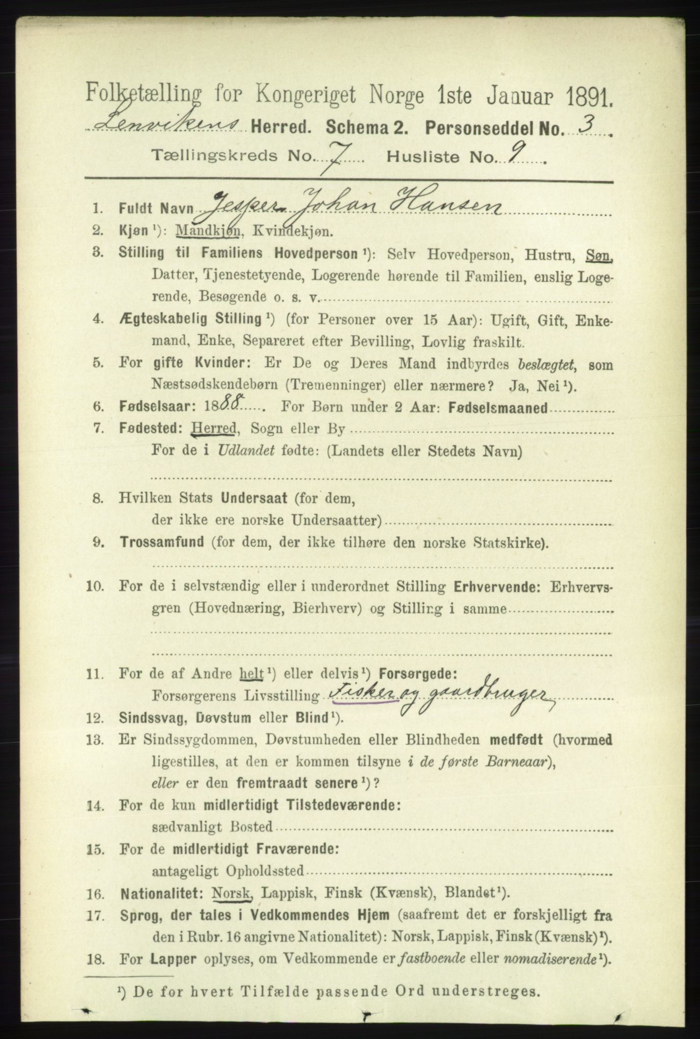 RA, 1891 census for 1931 Lenvik, 1891, p. 3829