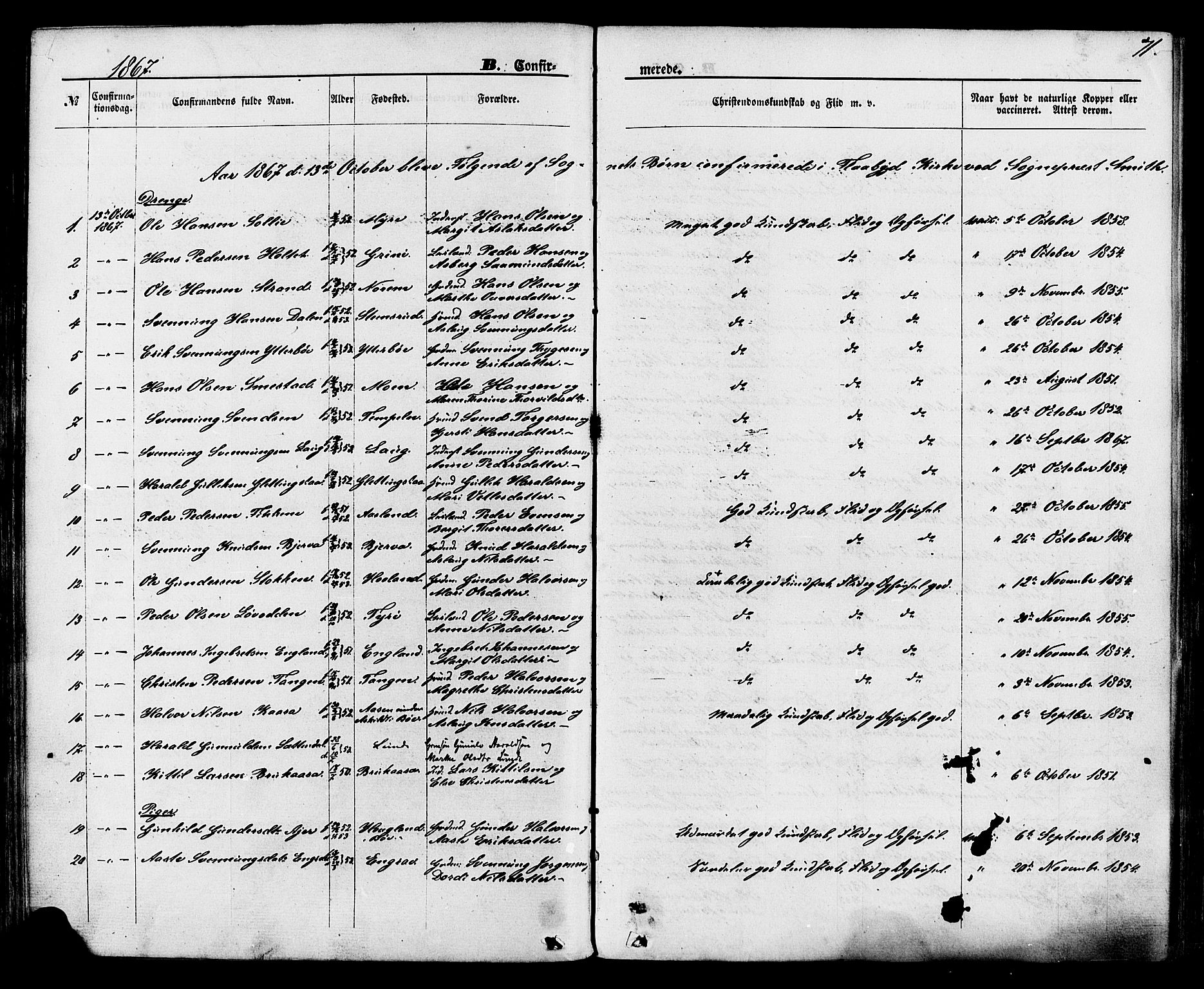 Lunde kirkebøker, SAKO/A-282/F/Fa/L0001: Parish register (official) no. I 1, 1866-1883, p. 71