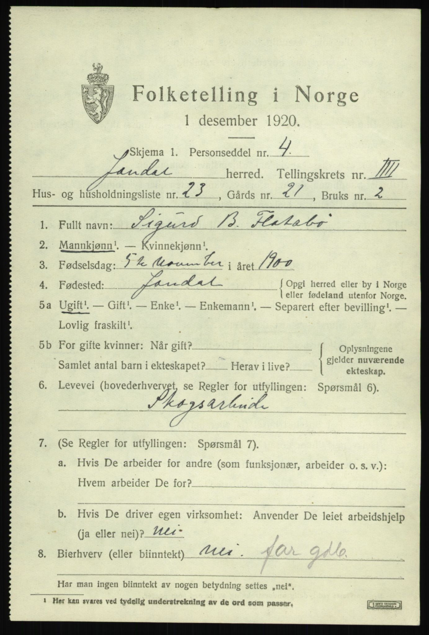 SAB, 1920 census for Jondal, 1920, p. 2488