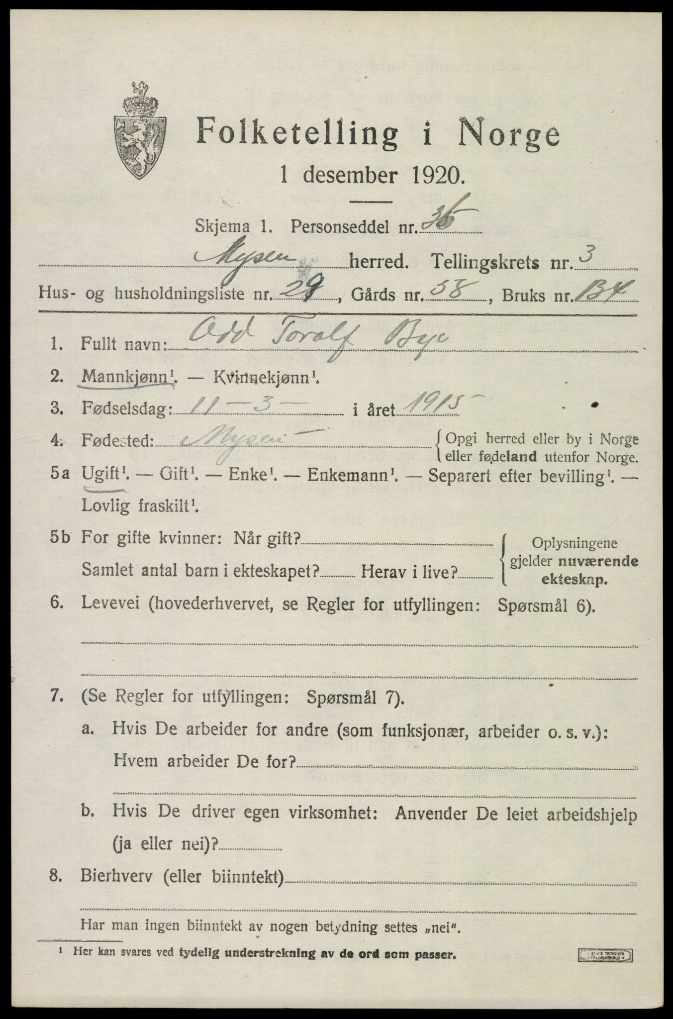 SAO, 1920 census for Mysen, 1920, p. 2429