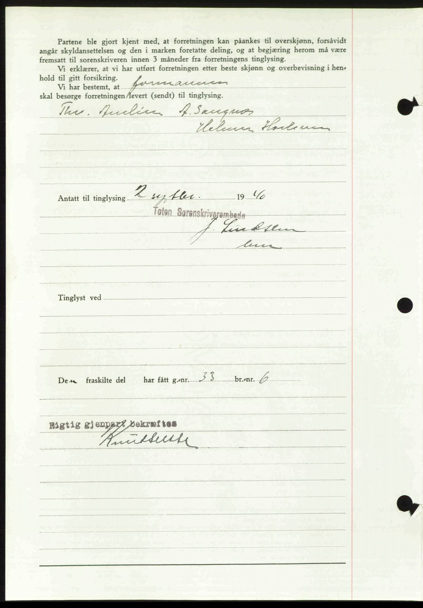 Toten tingrett, SAH/TING-006/H/Hb/Hbc/L0007: Mortgage book no. Hbc-07, 1939-1940, Diary no: : 1009/1940