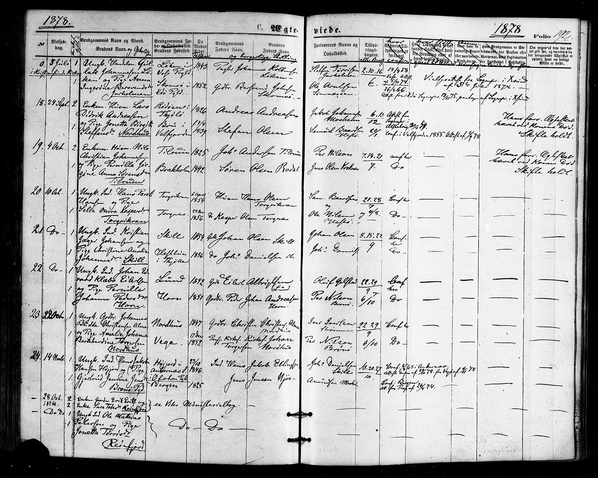 Ministerialprotokoller, klokkerbøker og fødselsregistre - Nordland, SAT/A-1459/813/L0199: Parish register (official) no. 813A09, 1875-1885, p. 192