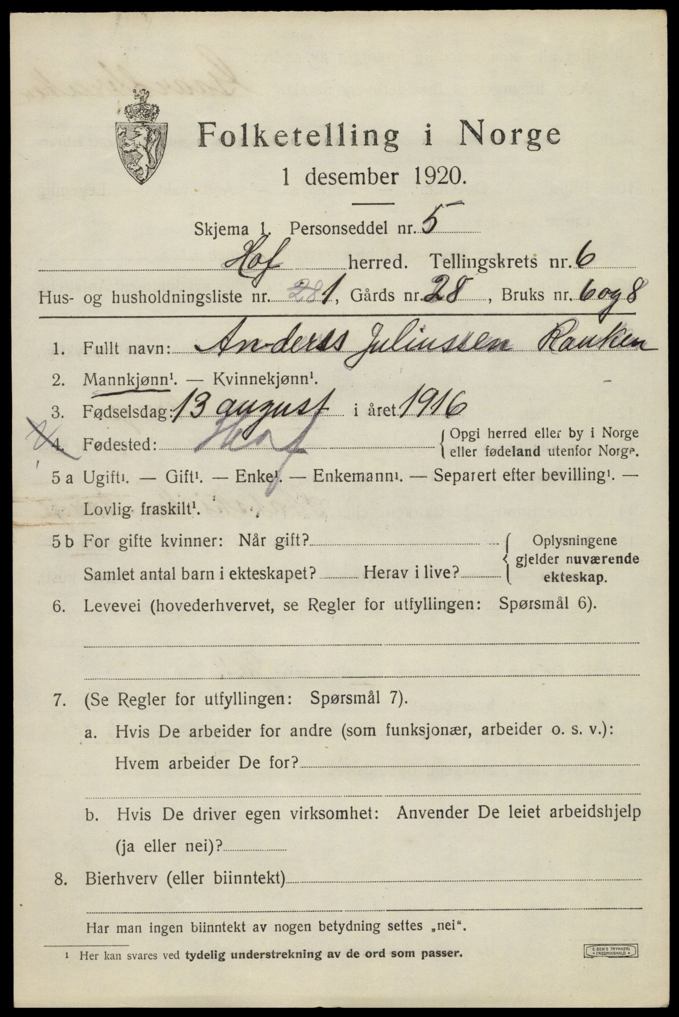 SAH, 1920 census for Hof, 1920, p. 7589