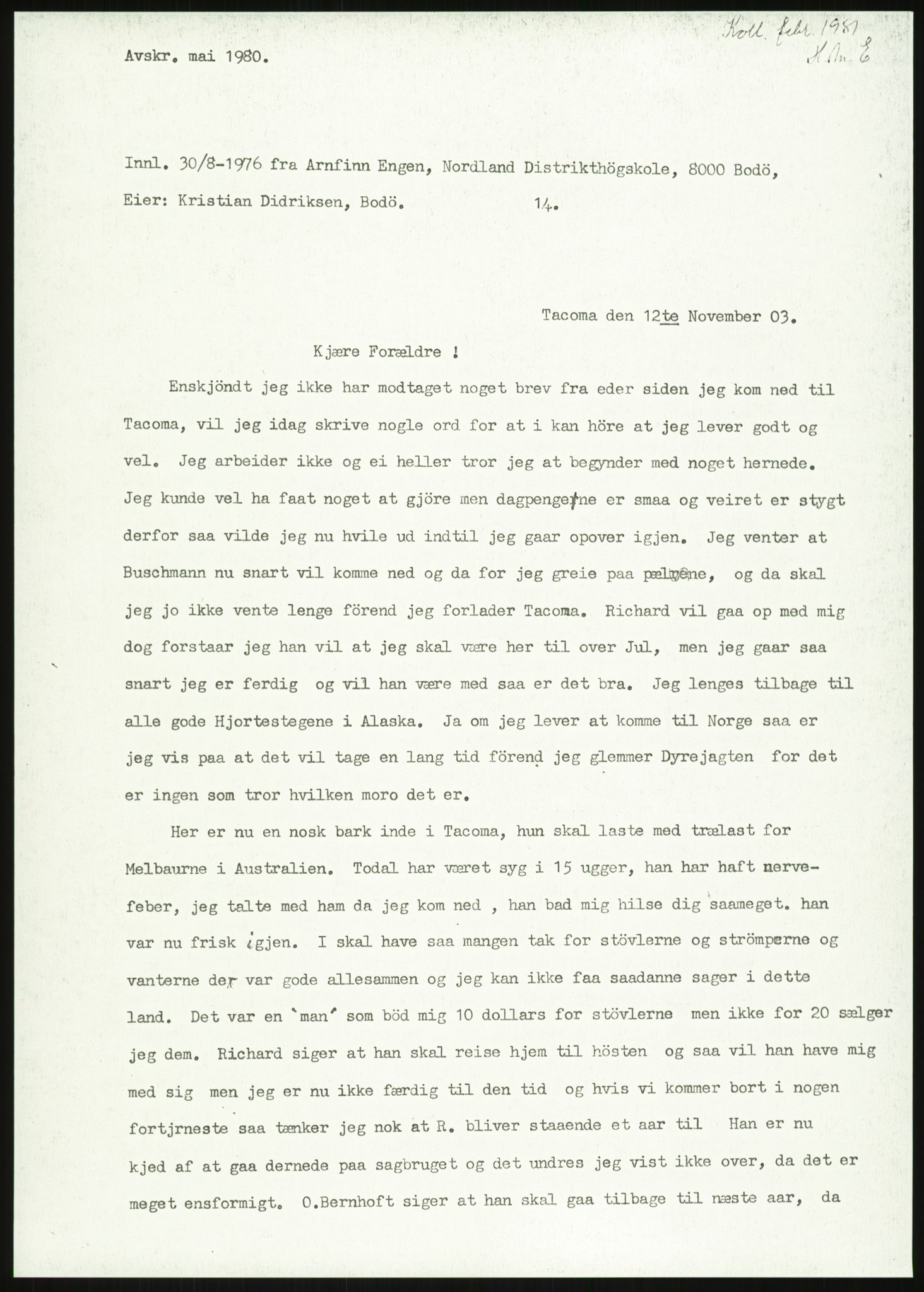 Samlinger til kildeutgivelse, Amerikabrevene, RA/EA-4057/F/L0035: Innlån fra Nordland, 1838-1914, p. 97