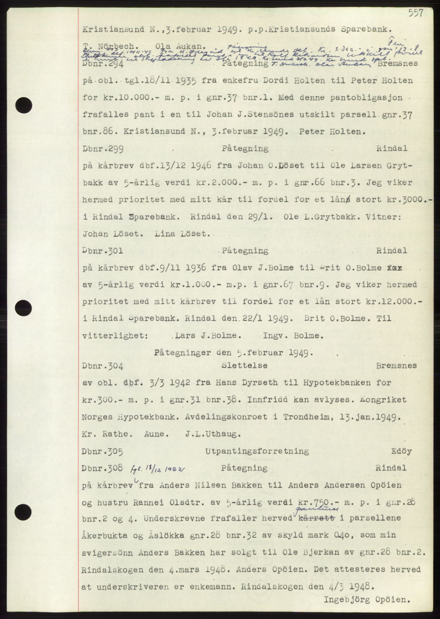 Nordmøre sorenskriveri, SAT/A-4132/1/2/2Ca: Mortgage book no. C82b, 1946-1951, Diary no: : 299/1949