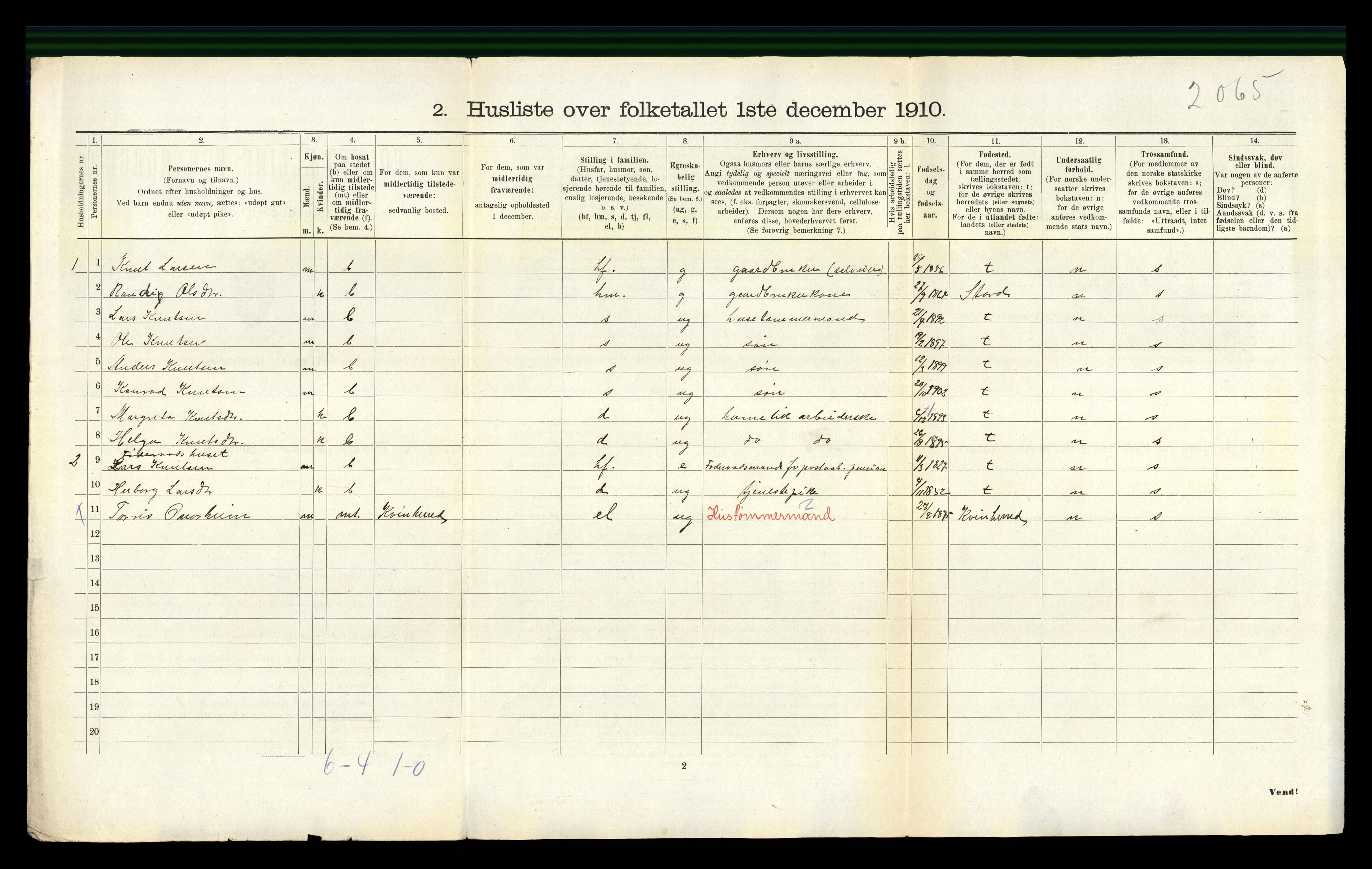 RA, 1910 census for Fjelberg, 1910, p. 1222