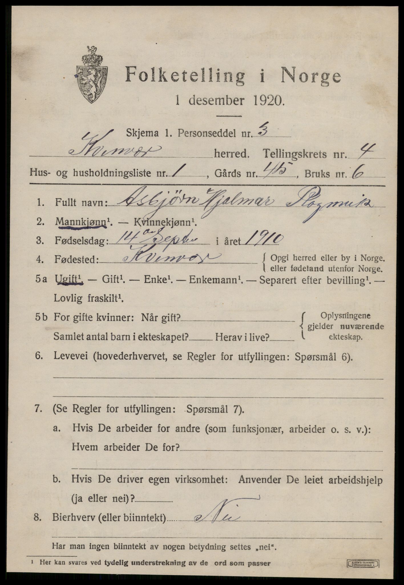 SAT, 1920 census for Kvenvær, 1920, p. 1426