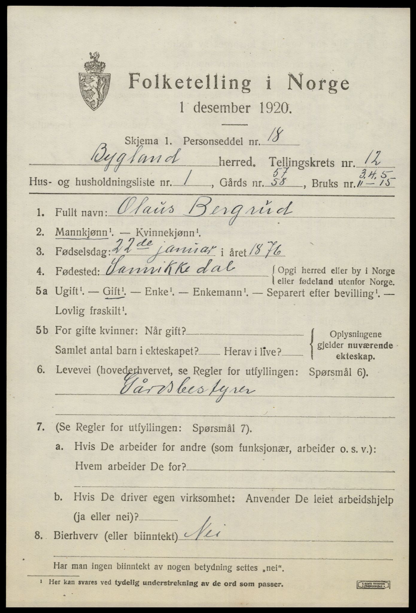 SAK, 1920 census for Bygland, 1920, p. 4495