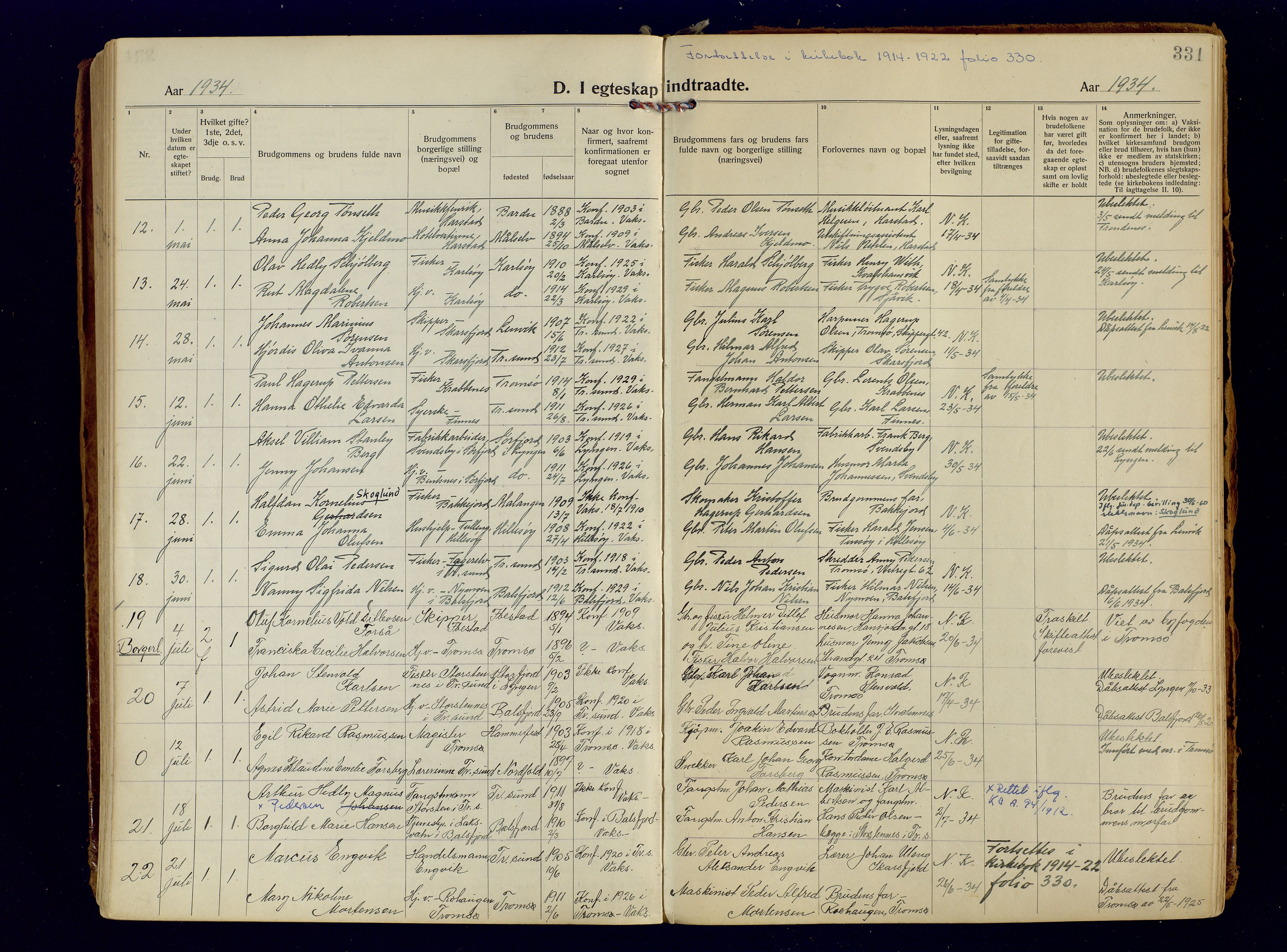 Tromsøysund sokneprestkontor, AV/SATØ-S-1304/G/Ga/L0009kirke: Parish register (official) no. 9, 1922-1934, p. 331