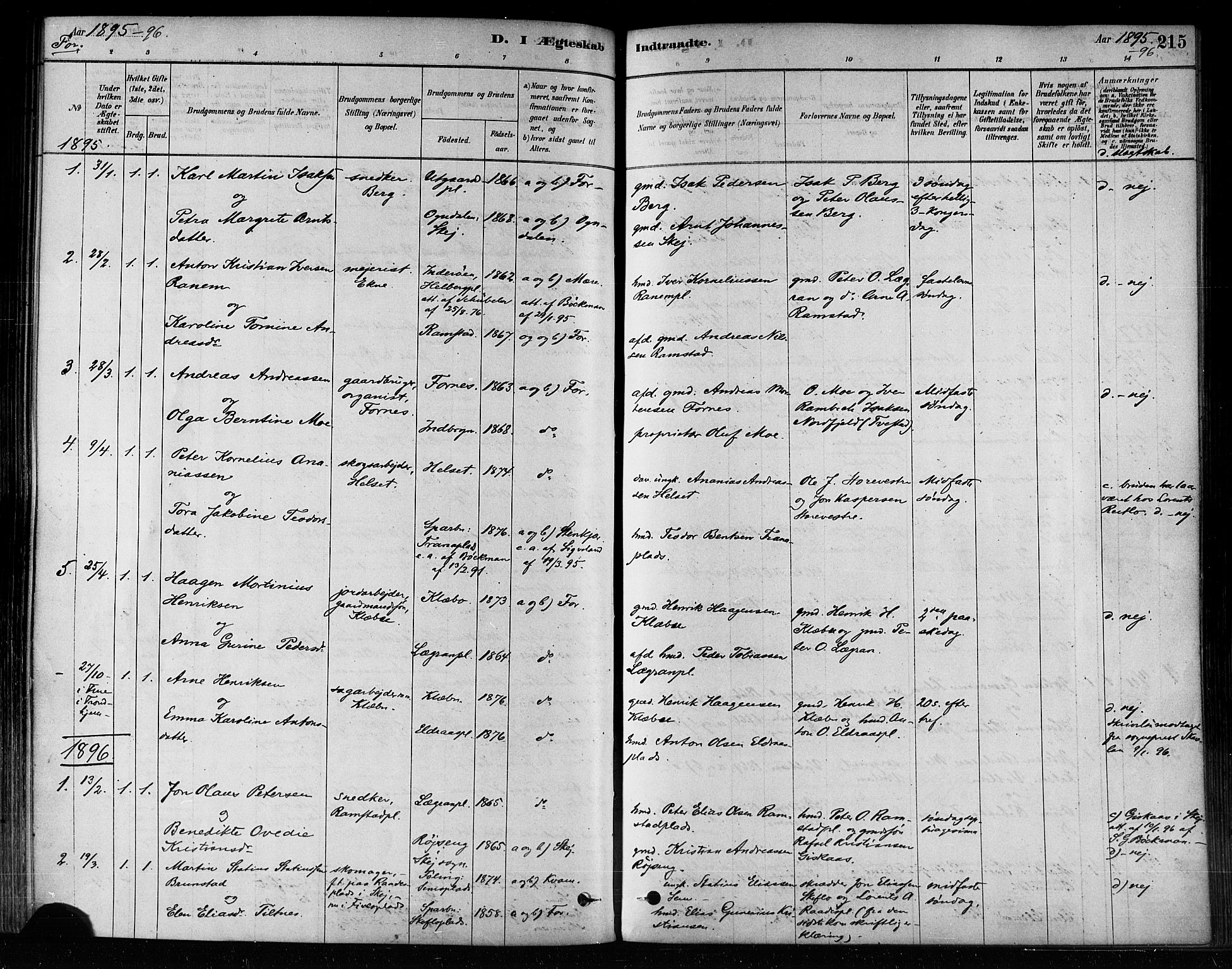 Ministerialprotokoller, klokkerbøker og fødselsregistre - Nord-Trøndelag, AV/SAT-A-1458/746/L0448: Parish register (official) no. 746A07 /1, 1878-1900, p. 215