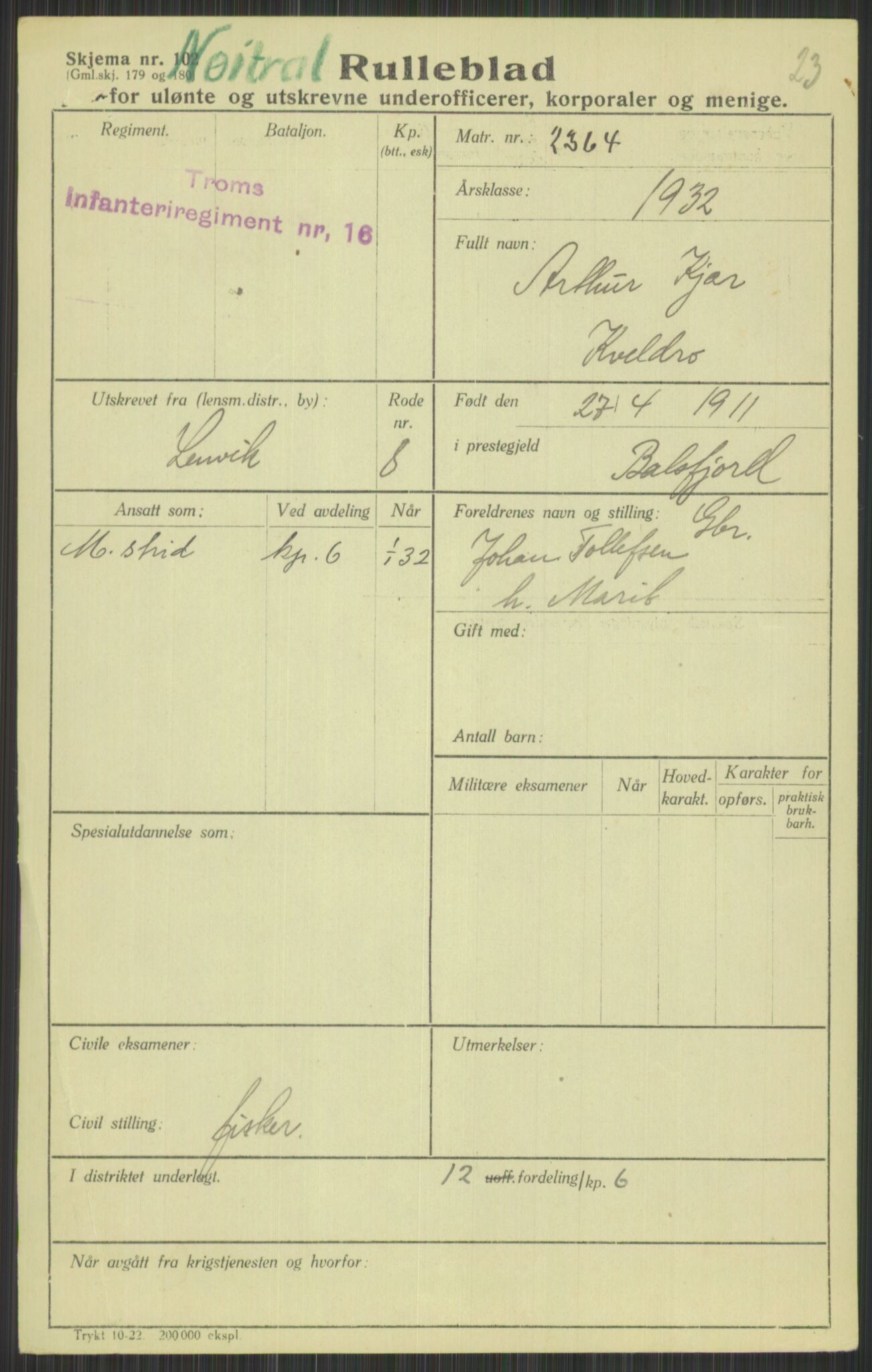 Forsvaret, Troms infanteriregiment nr. 16, AV/RA-RAFA-3146/P/Pa/L0016: Rulleblad for regimentets menige mannskaper, årsklasse 1932, 1932, p. 907