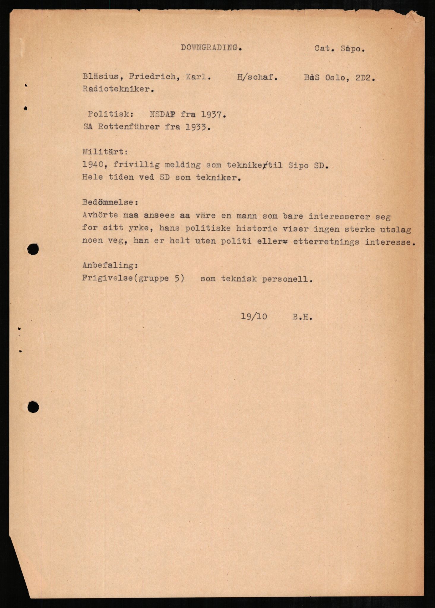 Forsvaret, Forsvarets overkommando II, RA/RAFA-3915/D/Db/L0003: CI Questionaires. Tyske okkupasjonsstyrker i Norge. Tyskere., 1945-1946, p. 283