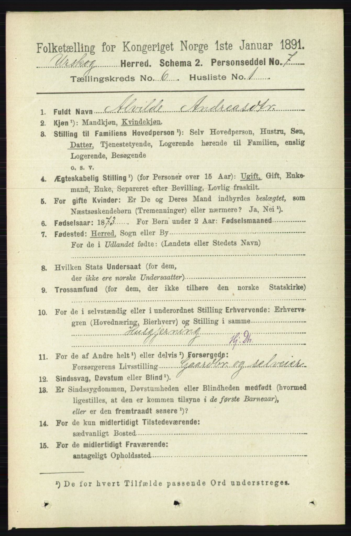 RA, 1891 census for 0224 Aurskog, 1891, p. 2743