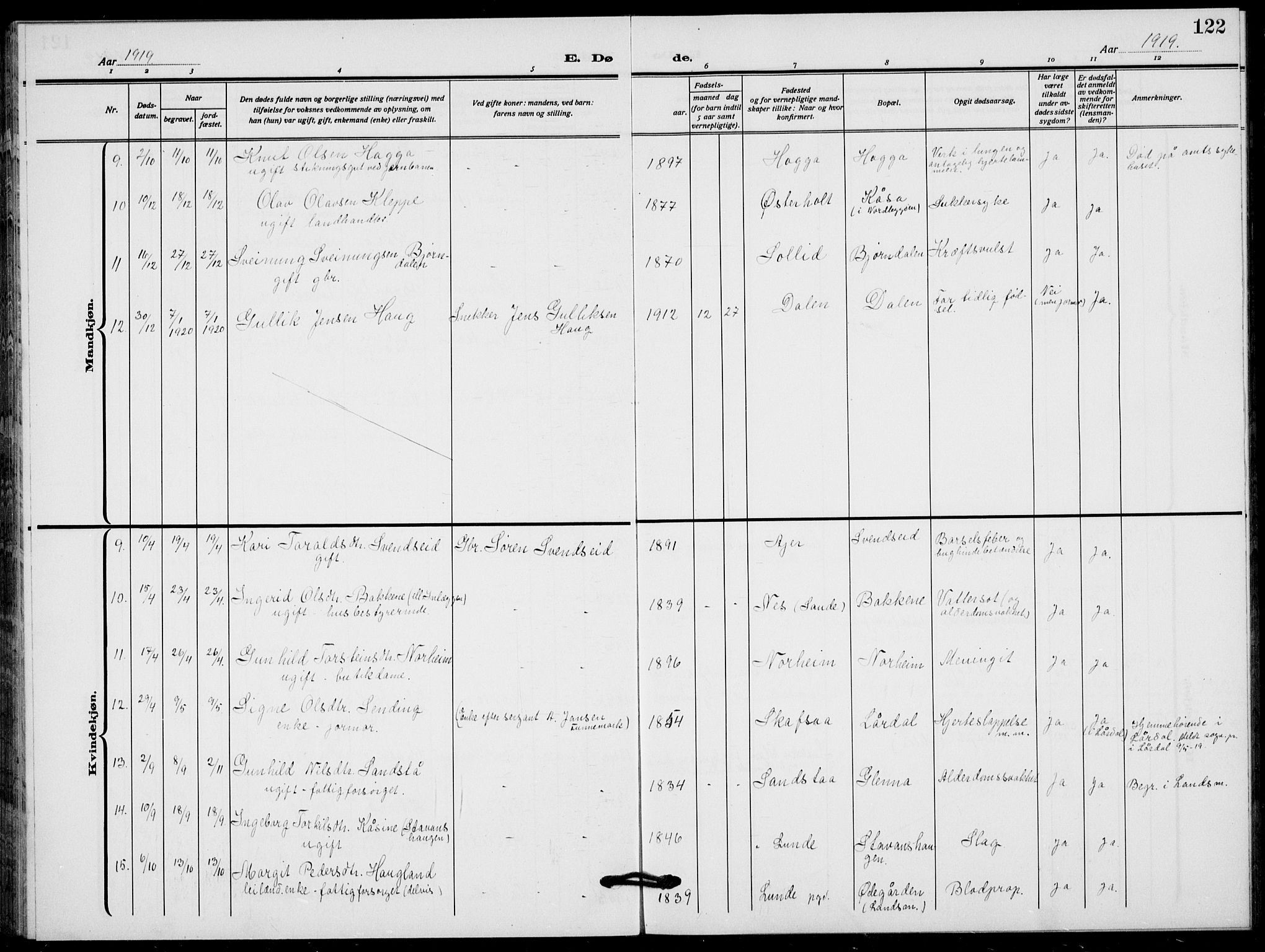 Lunde kirkebøker, SAKO/A-282/F/Fa/L0005: Parish register (official) no. I 5, 1914-1922, p. 122