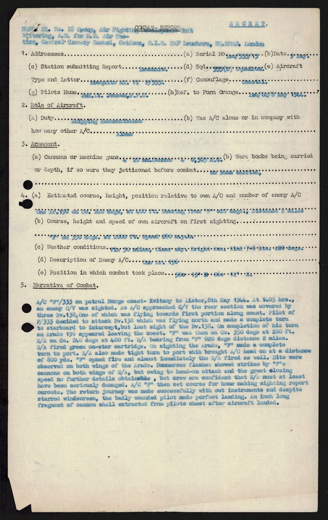 Forsvaret, 333 Skvadron, AV/RA-RAFA-2003/1/Da/L0041: Combat, Crash and and Circumstantial Reports , 1943-1945, p. 331