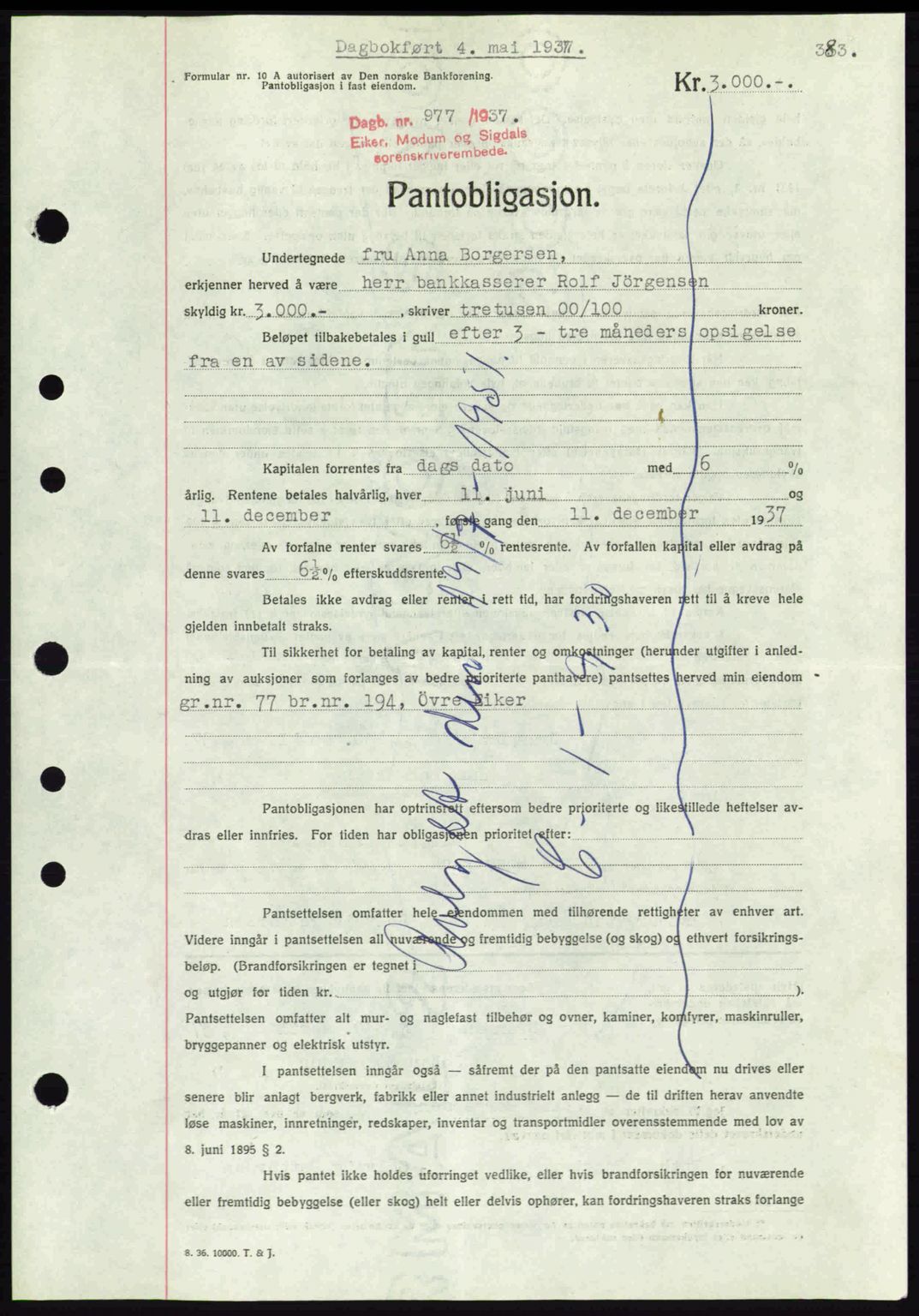 Eiker, Modum og Sigdal sorenskriveri, SAKO/A-123/G/Ga/Gab/L0035: Mortgage book no. A5, 1937-1937, Diary no: : 977/1937