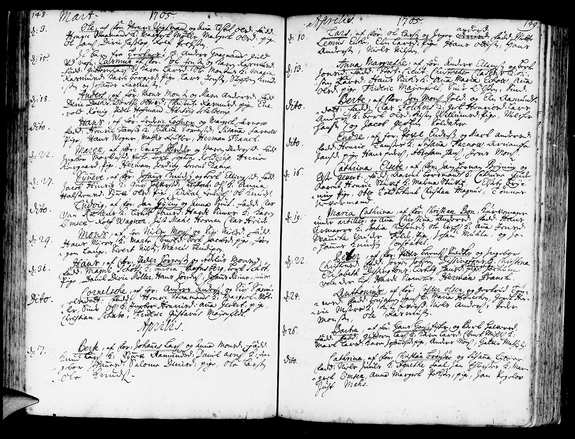 Korskirken sokneprestembete, AV/SAB-A-76101/H/Haa/L0003: Parish register (official) no. A 3, 1698-1719, p. 148-149