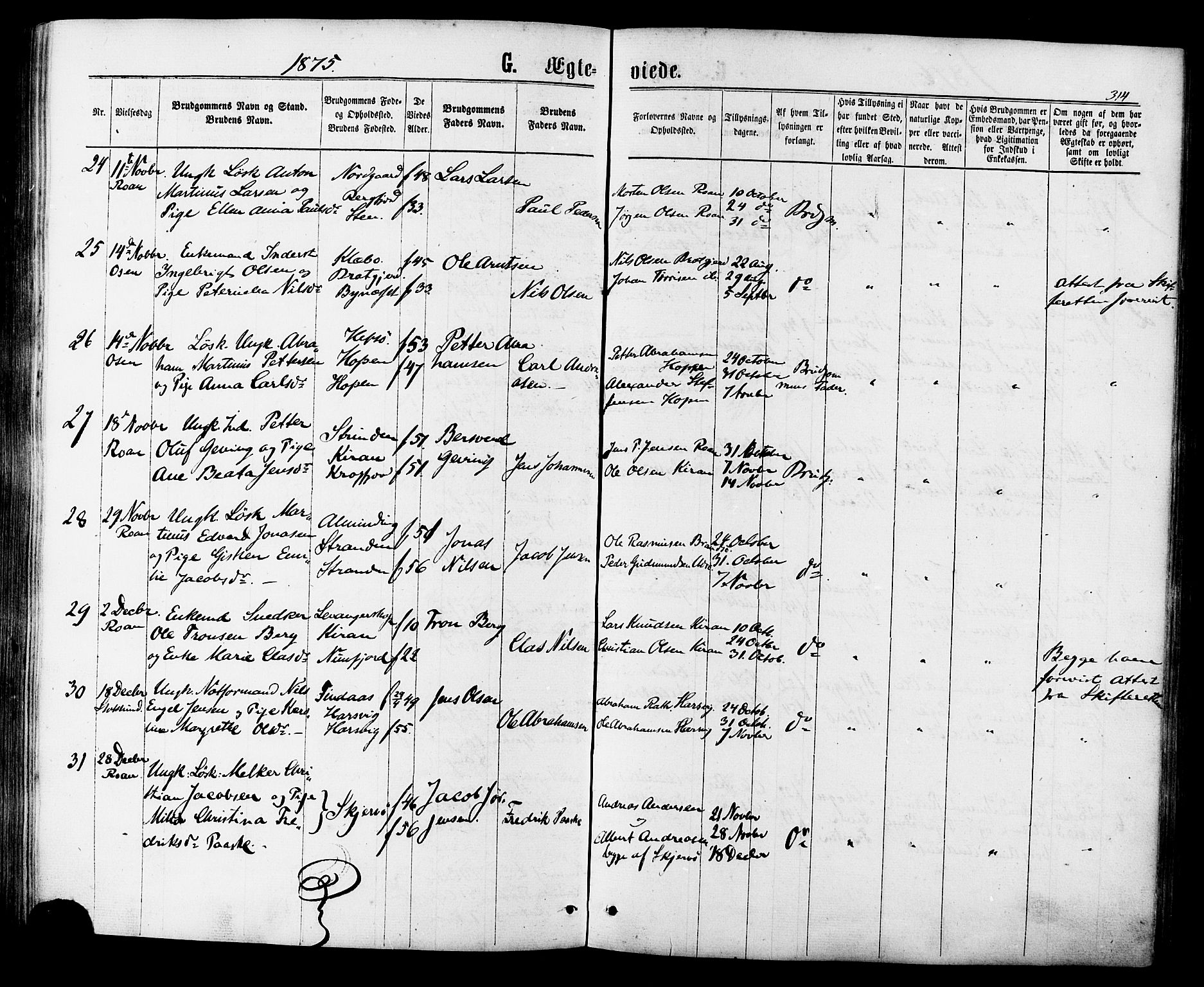 Ministerialprotokoller, klokkerbøker og fødselsregistre - Sør-Trøndelag, AV/SAT-A-1456/657/L0706: Parish register (official) no. 657A07, 1867-1878, p. 314