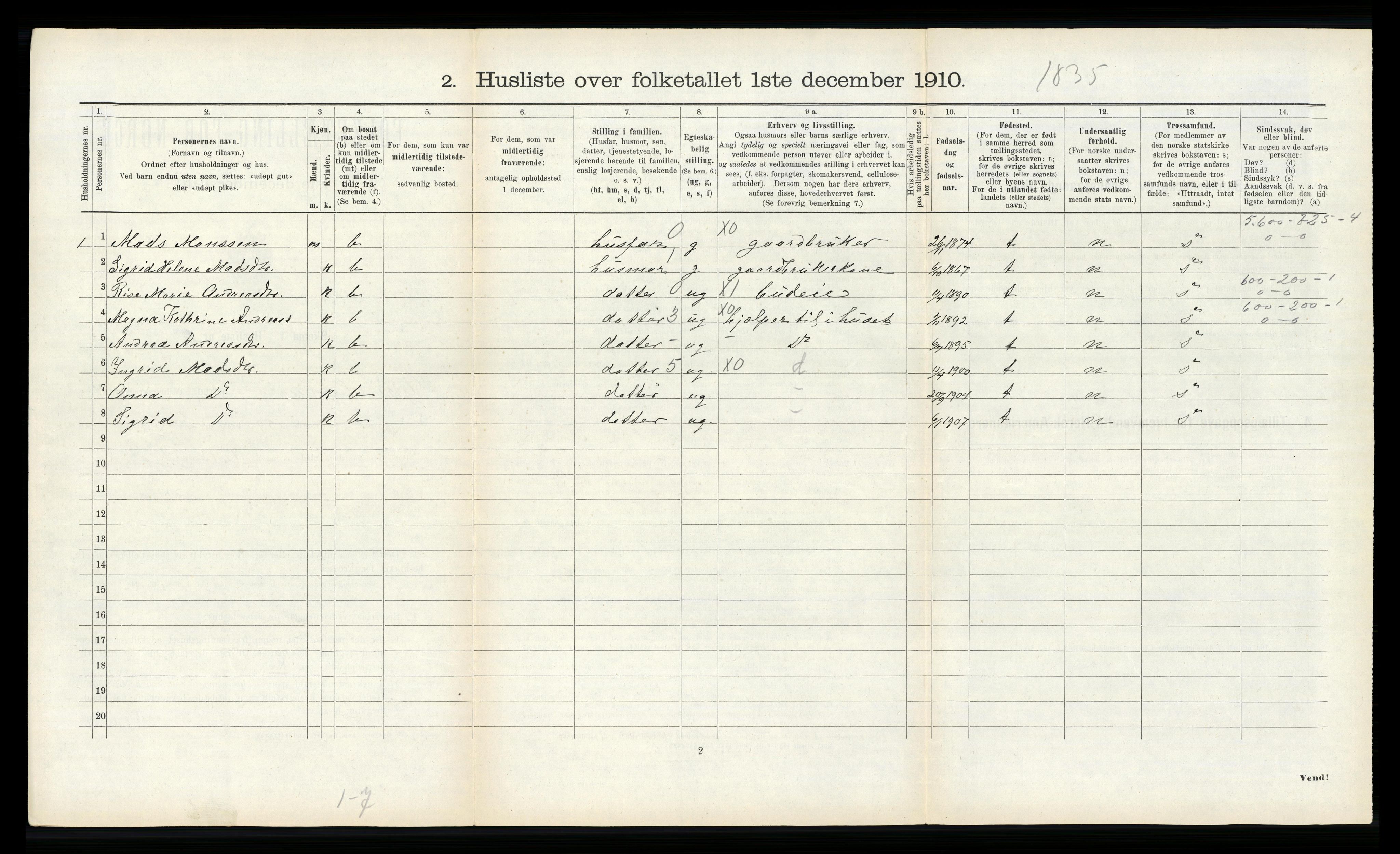 RA, 1910 census for Ytre Holmedal, 1910, p. 725