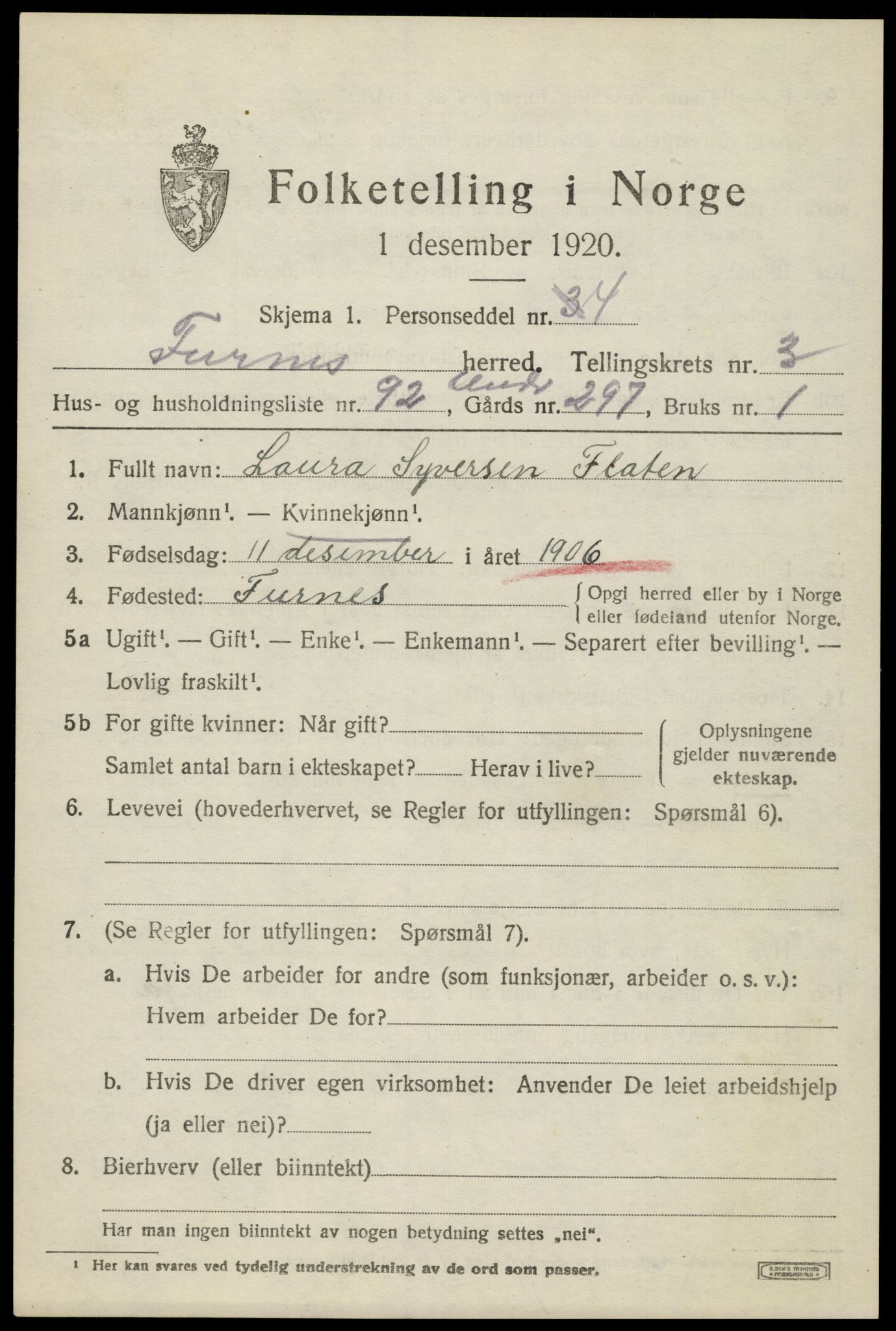 SAH, 1920 census for Furnes, 1920, p. 5709