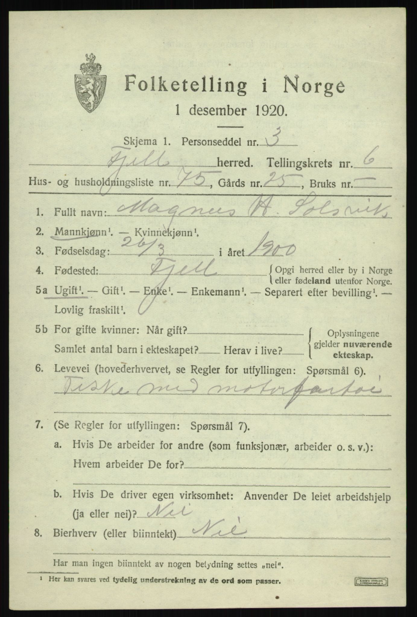 SAB, 1920 census for Fjell, 1920, p. 6208