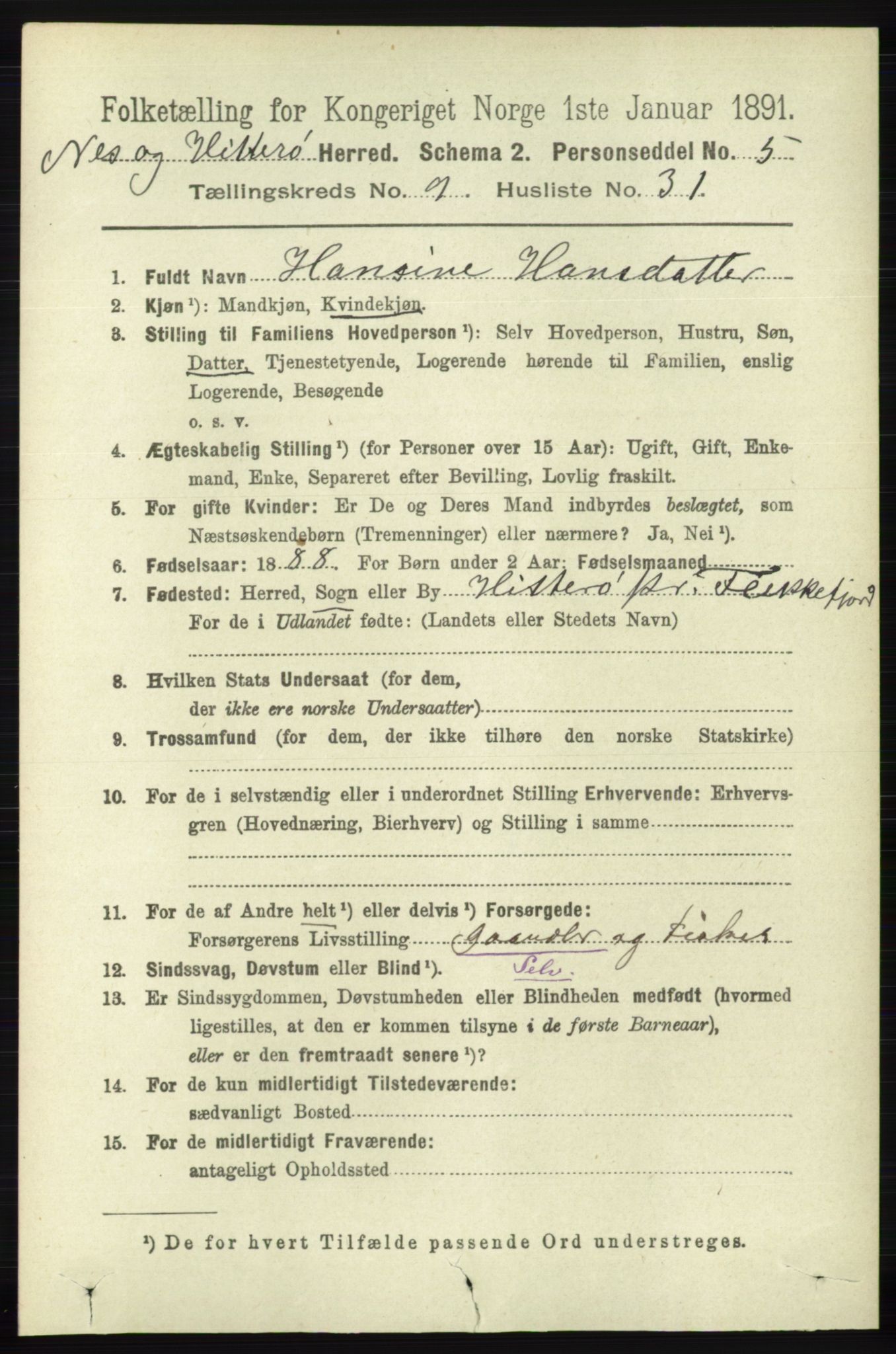 RA, 1891 census for 1043 Hidra og Nes, 1891, p. 3927