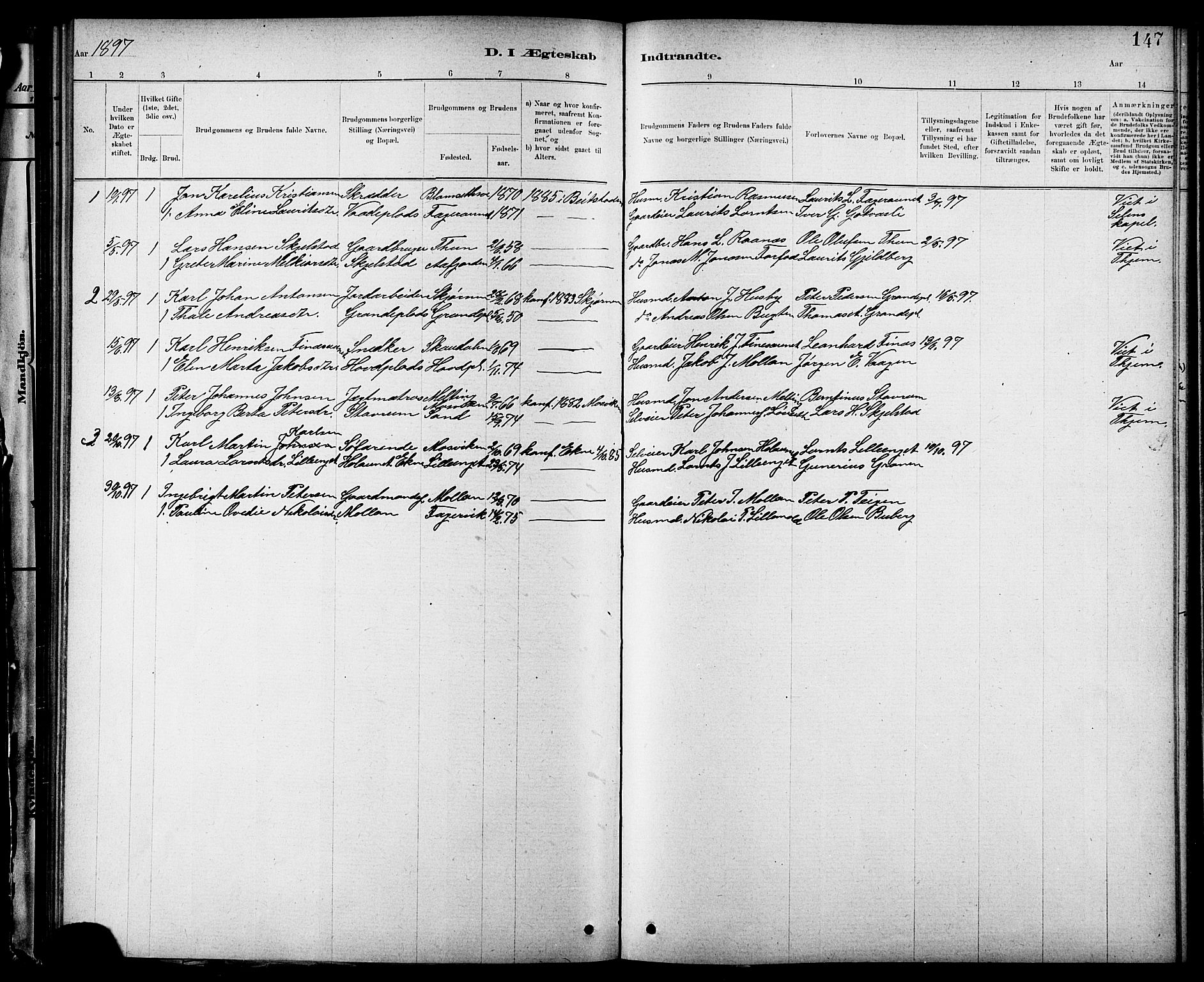 Ministerialprotokoller, klokkerbøker og fødselsregistre - Nord-Trøndelag, SAT/A-1458/744/L0423: Parish register (copy) no. 744C02, 1886-1905, p. 147