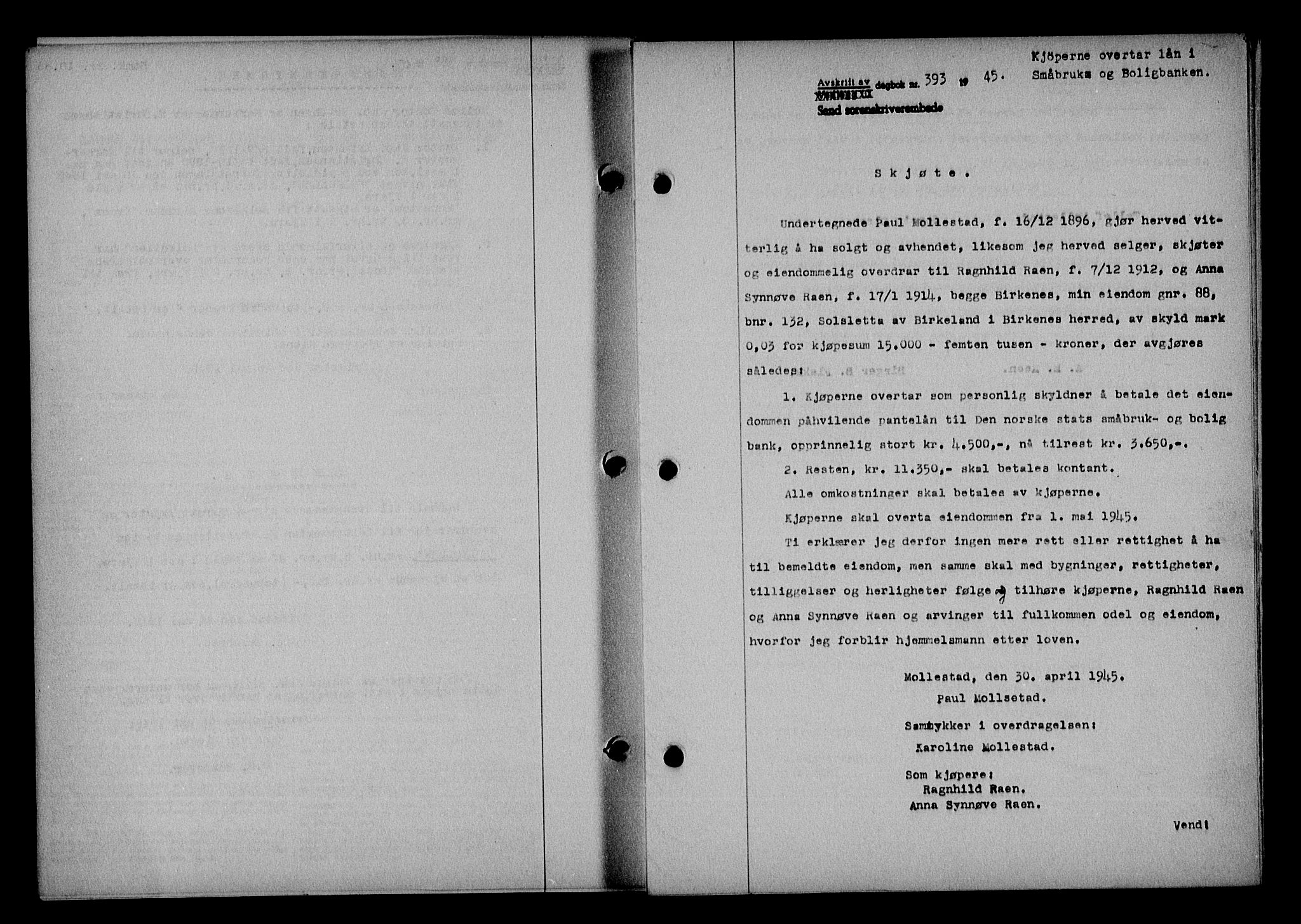 Vestre Nedenes/Sand sorenskriveri, SAK/1221-0010/G/Gb/Gba/L0053: Mortgage book no. A 6, 1944-1945, Diary no: : 393/1945