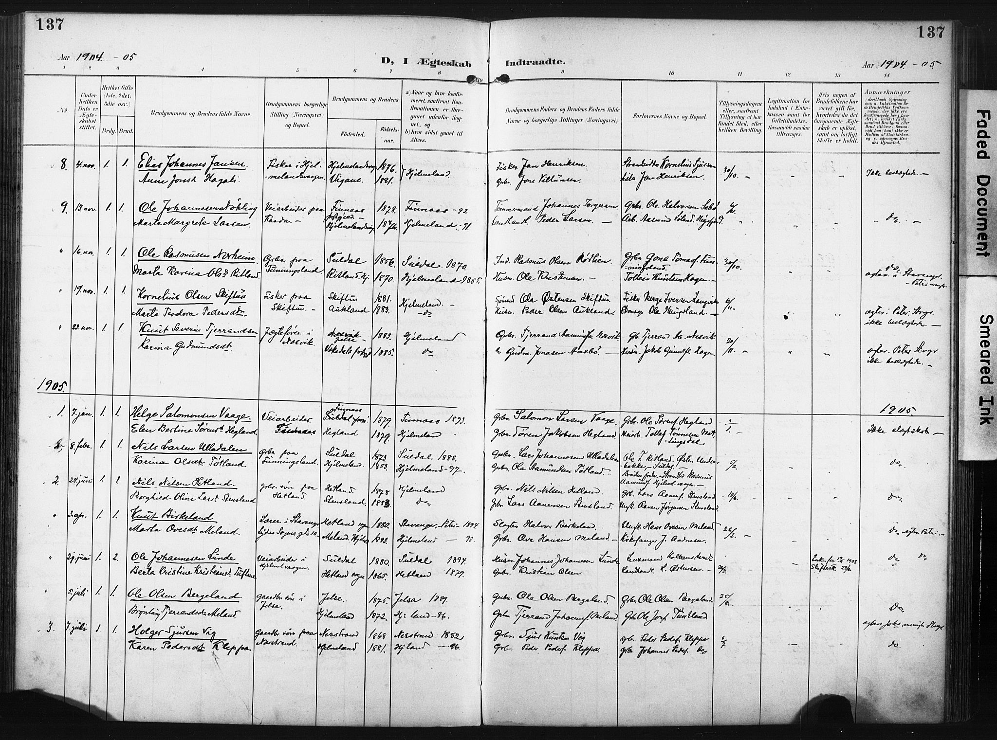 Hjelmeland sokneprestkontor, SAST/A-101843/02/A/L0002: Parish register (official) no. A 17, 1901-1916, p. 137