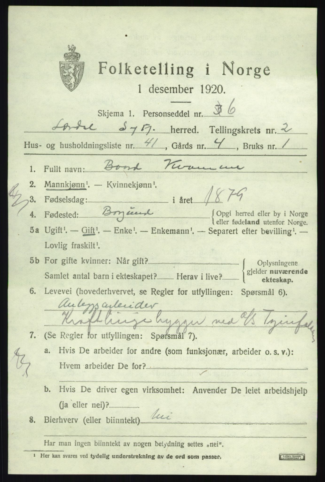 SAB, 1920 census for Lærdal, 1920, p. 1750