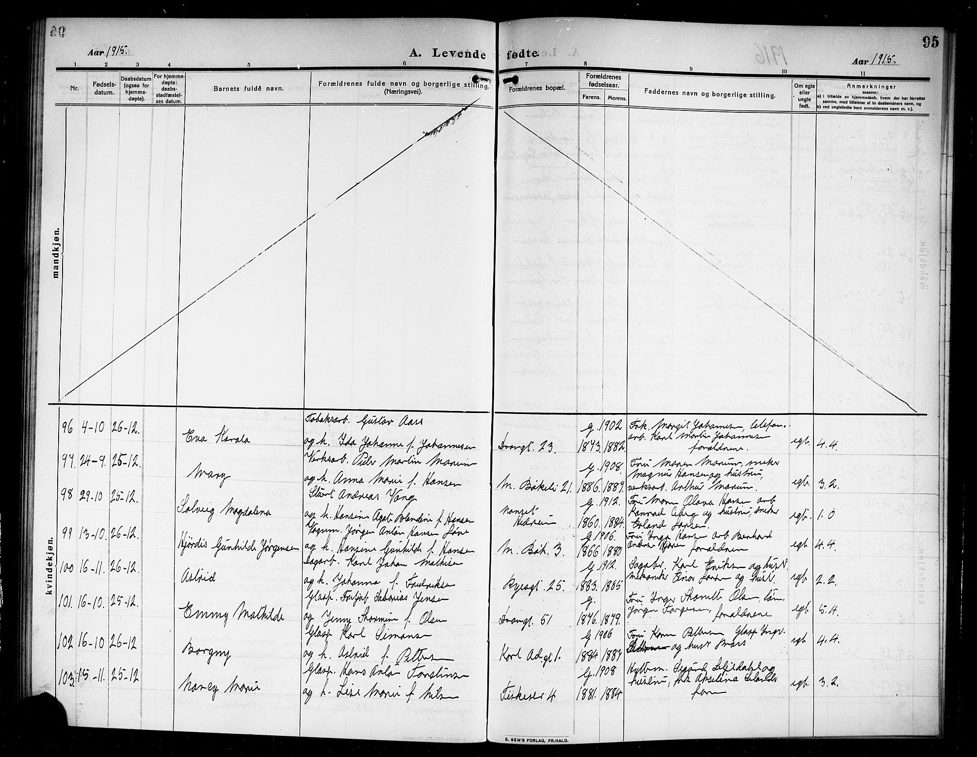 Larvik kirkebøker, AV/SAKO-A-352/G/Ga/L0008: Parish register (copy) no. I 8, 1909-1920, p. 95