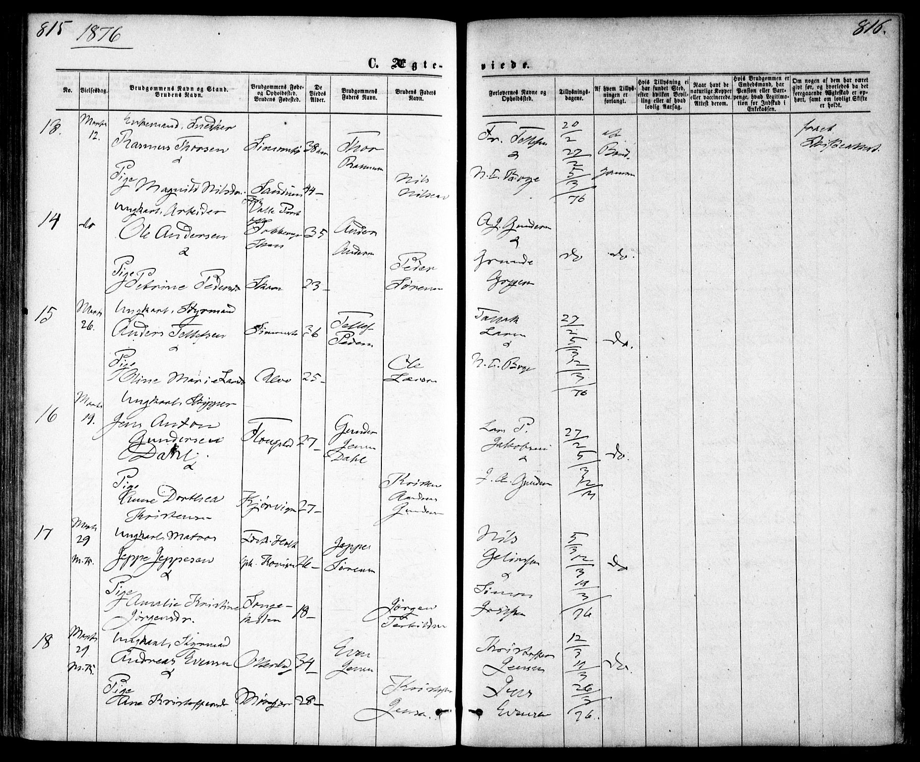 Tromøy sokneprestkontor, AV/SAK-1111-0041/F/Fa/L0008: Parish register (official) no. A 8, 1870-1877, p. 815-816