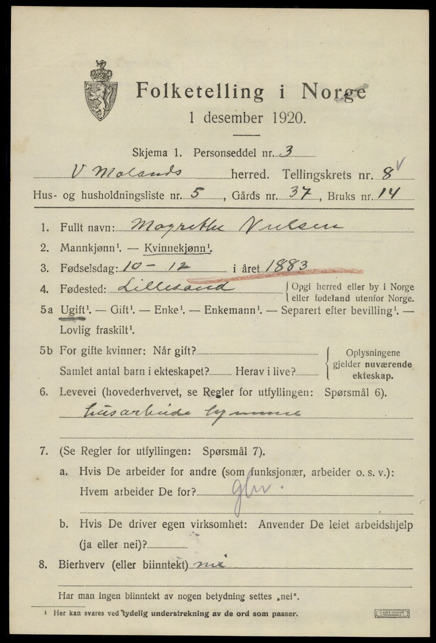 SAK, 1920 census for Vestre Moland, 1920, p. 5243