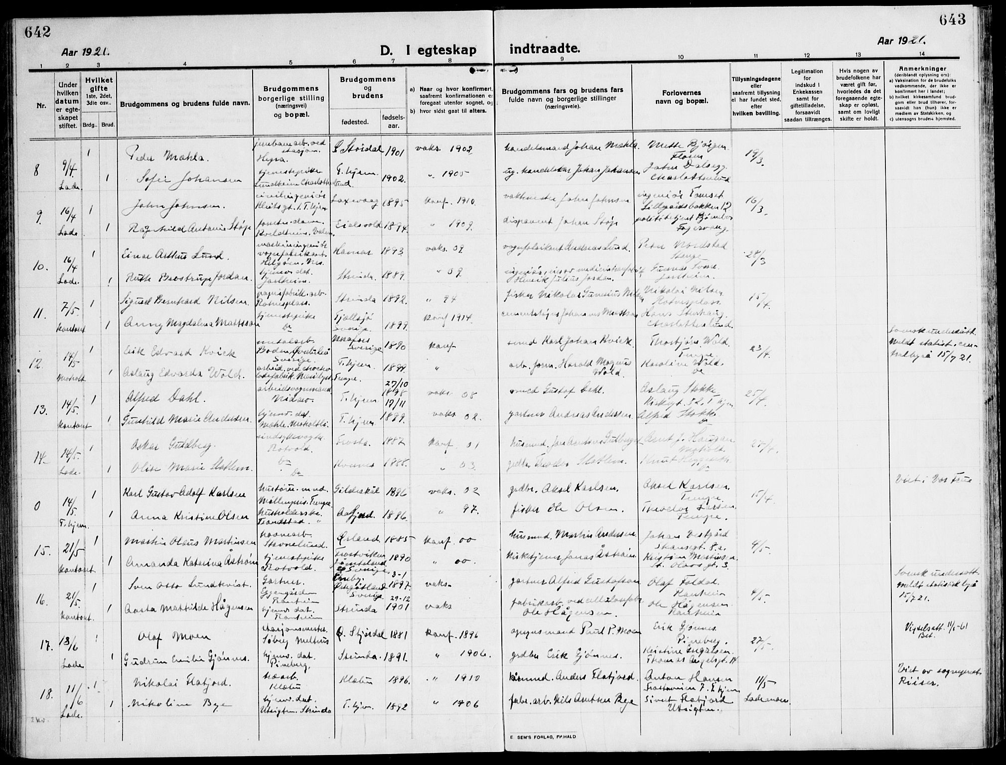 Ministerialprotokoller, klokkerbøker og fødselsregistre - Sør-Trøndelag, SAT/A-1456/607/L0321: Parish register (official) no. 607A05, 1916-1935, p. 642-643