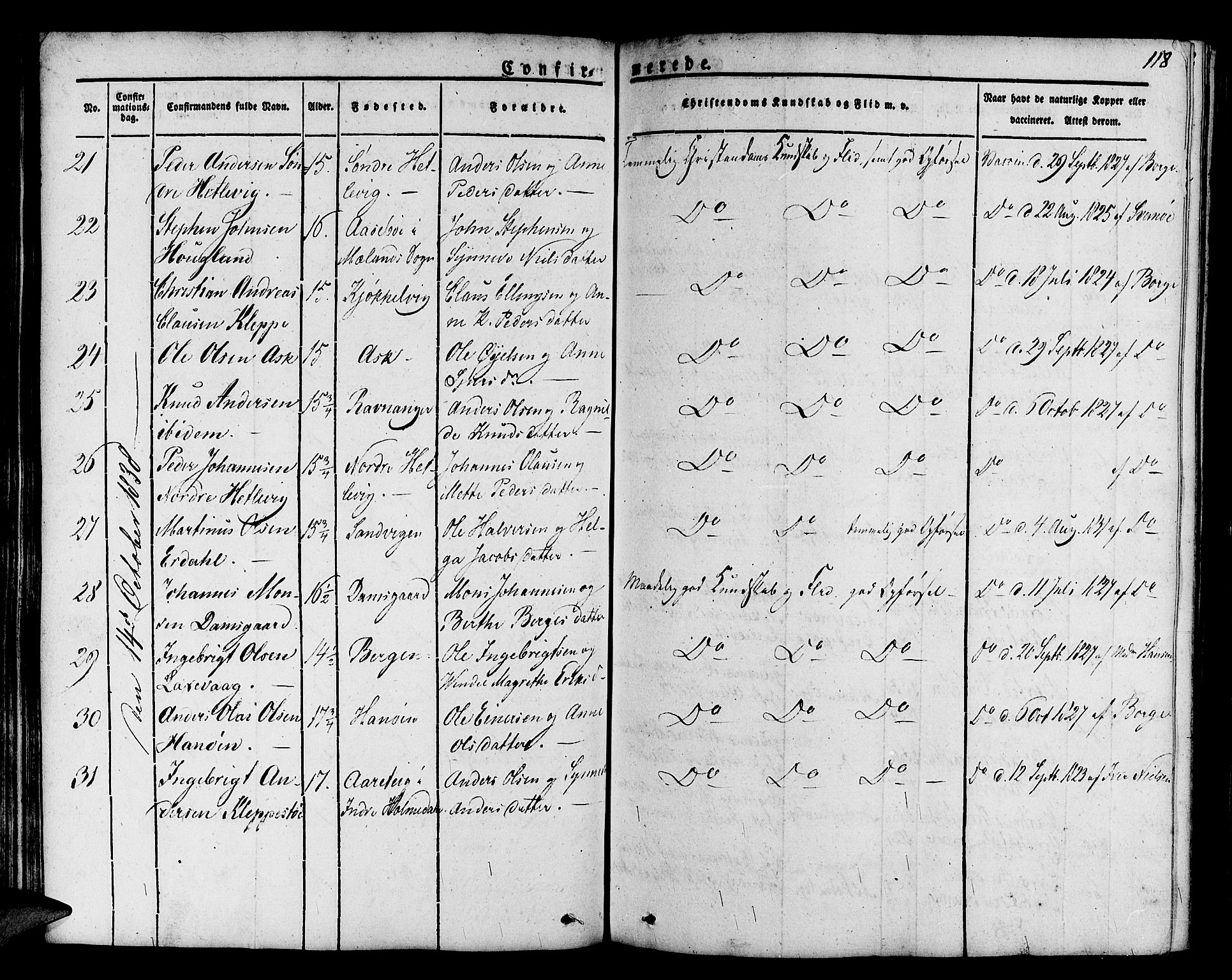 Askøy Sokneprestembete, SAB/A-74101/H/Ha/Haa/Haaa/L0004: Parish register (official) no. A 4, 1825-1845, p. 118