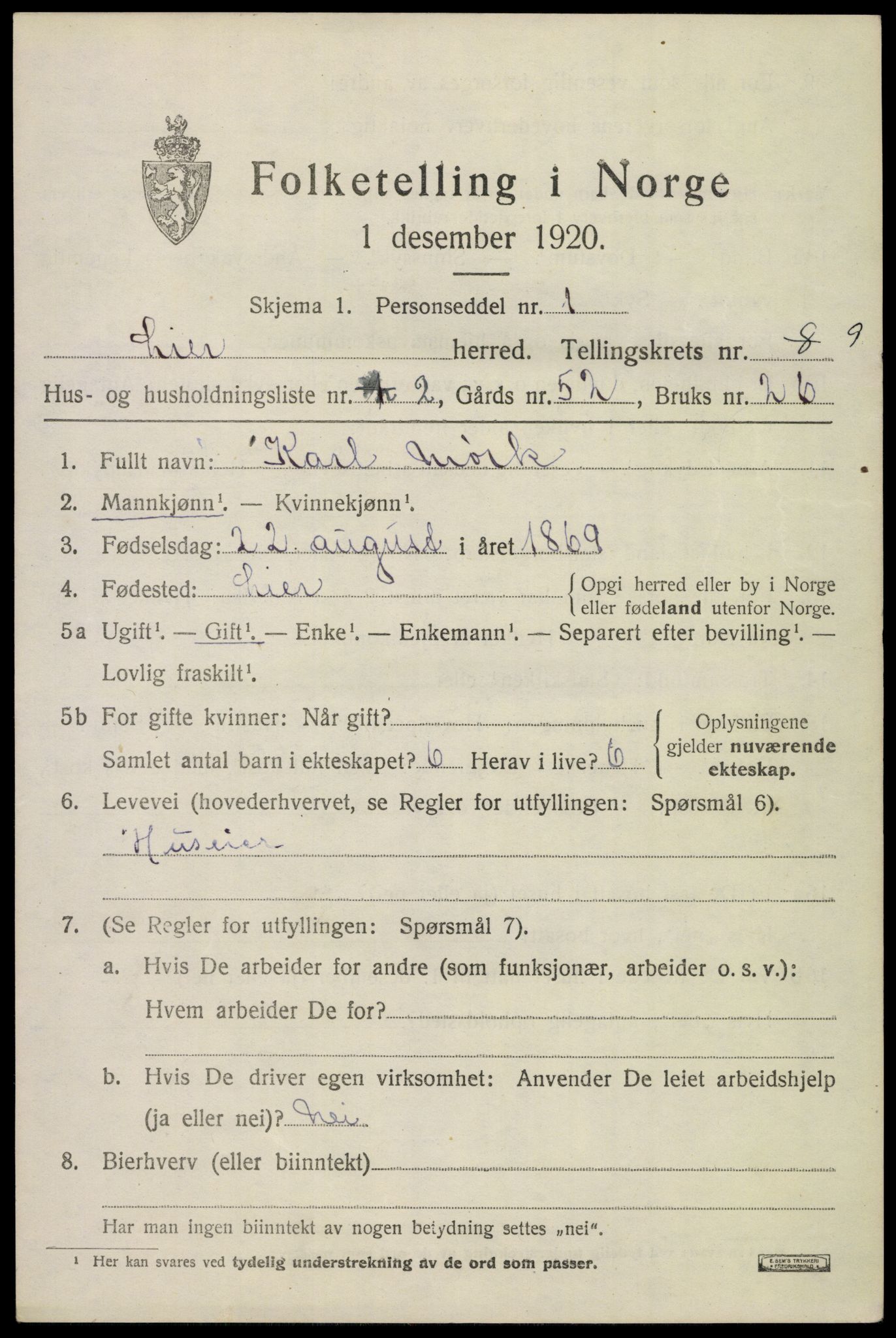 SAKO, 1920 census for Lier, 1920, p. 14812