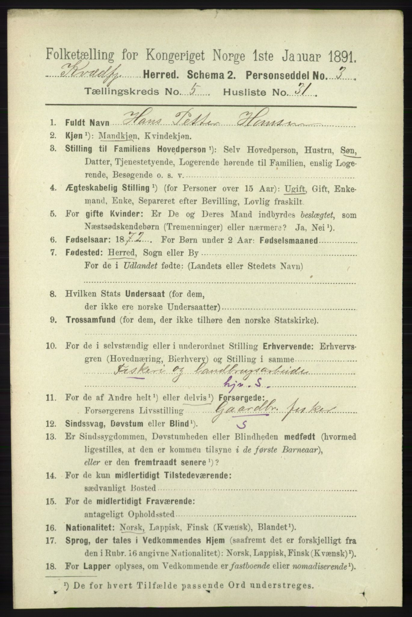 RA, 1891 census for 1911 Kvæfjord, 1891, p. 3052