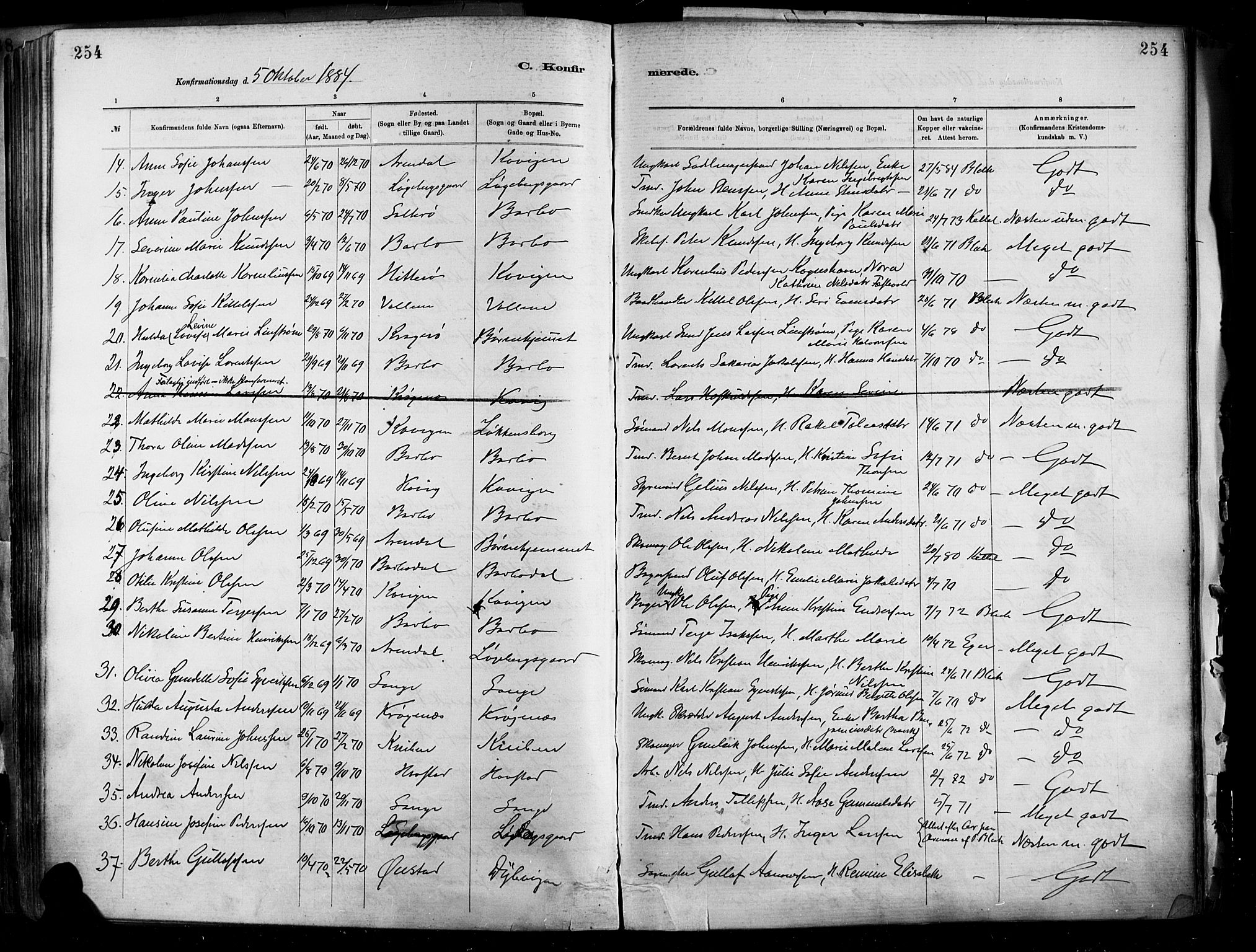 Barbu sokneprestkontor, SAK/1111-0003/F/Fa/L0002: Parish register (official) no. A 2, 1883-1898, p. 254