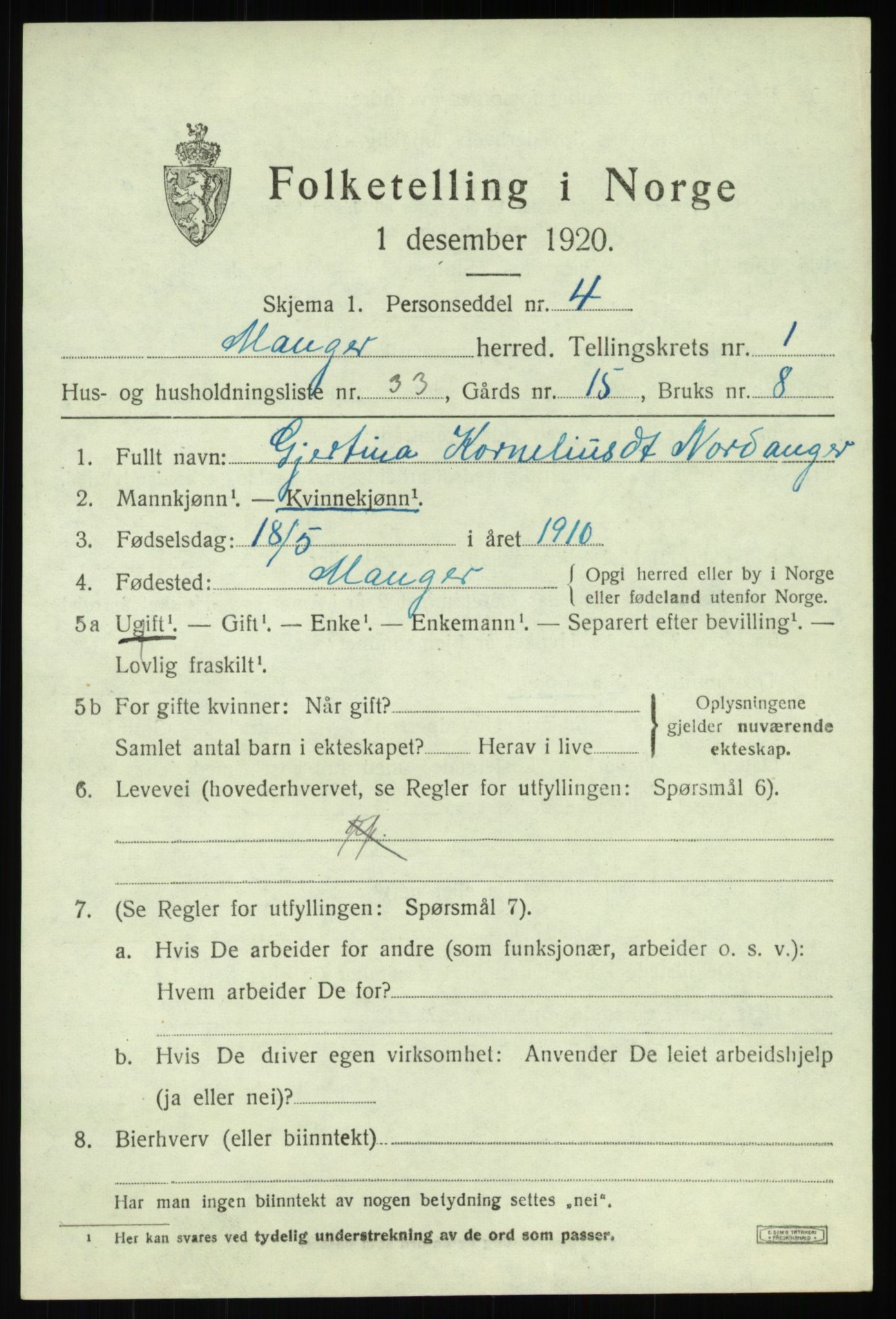 SAB, 1920 census for Manger, 1920, p. 1911