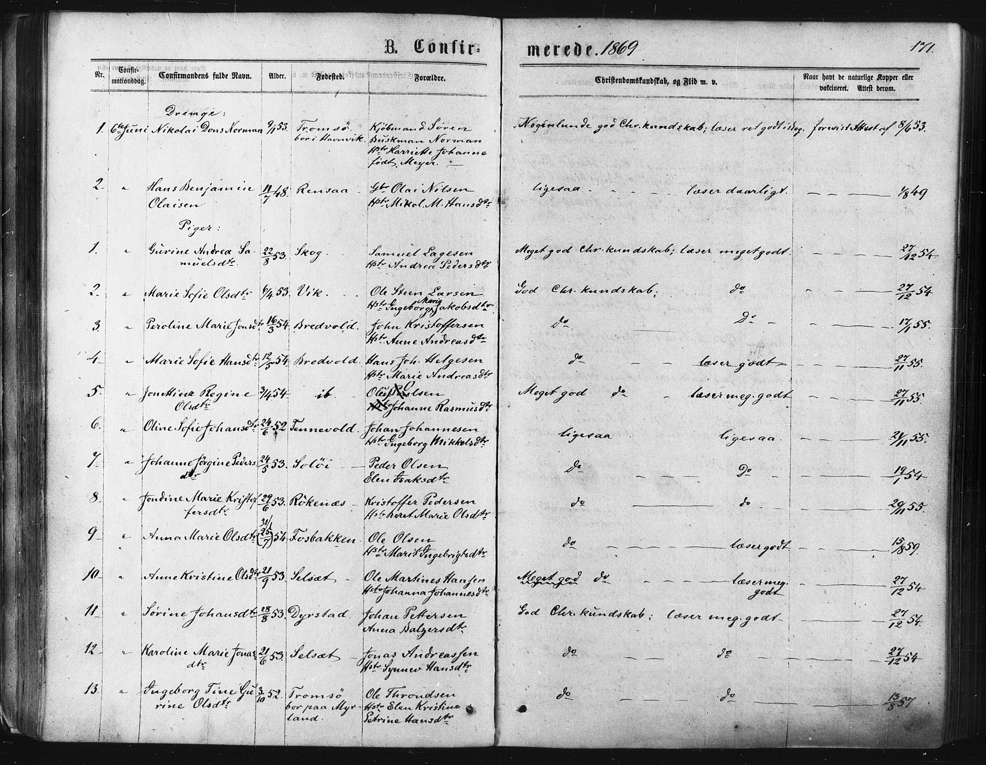 Ibestad sokneprestembete, SATØ/S-0077/H/Ha/Haa/L0010kirke: Parish register (official) no. 10, 1869-1879, p. 171