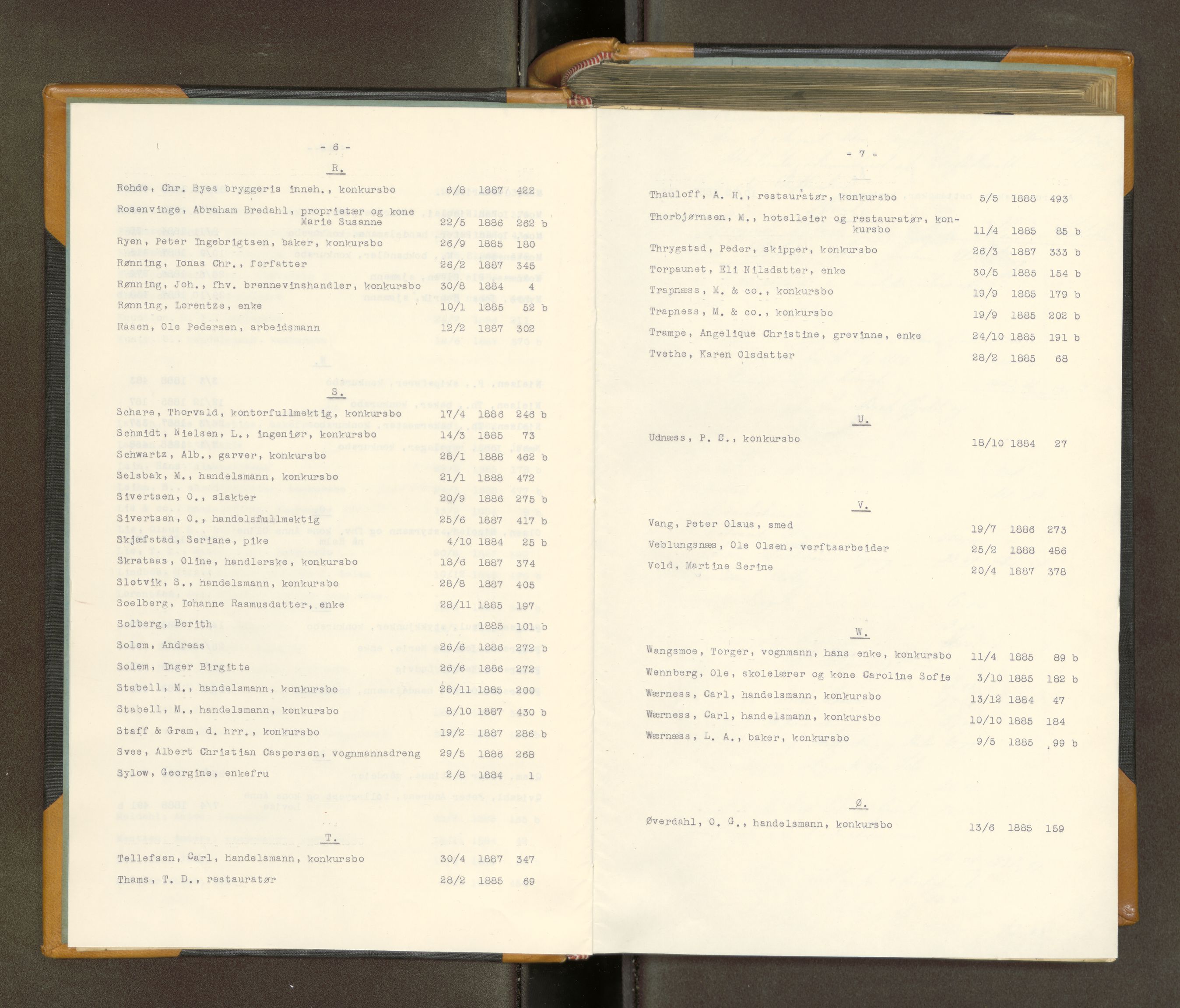 Trondheim byfogd, AV/SAT-A-0003/1/3/3A/L0034: Skifteutlodningsprotokoll - 2/8-26/12. (m/ register) U, 1884-1888