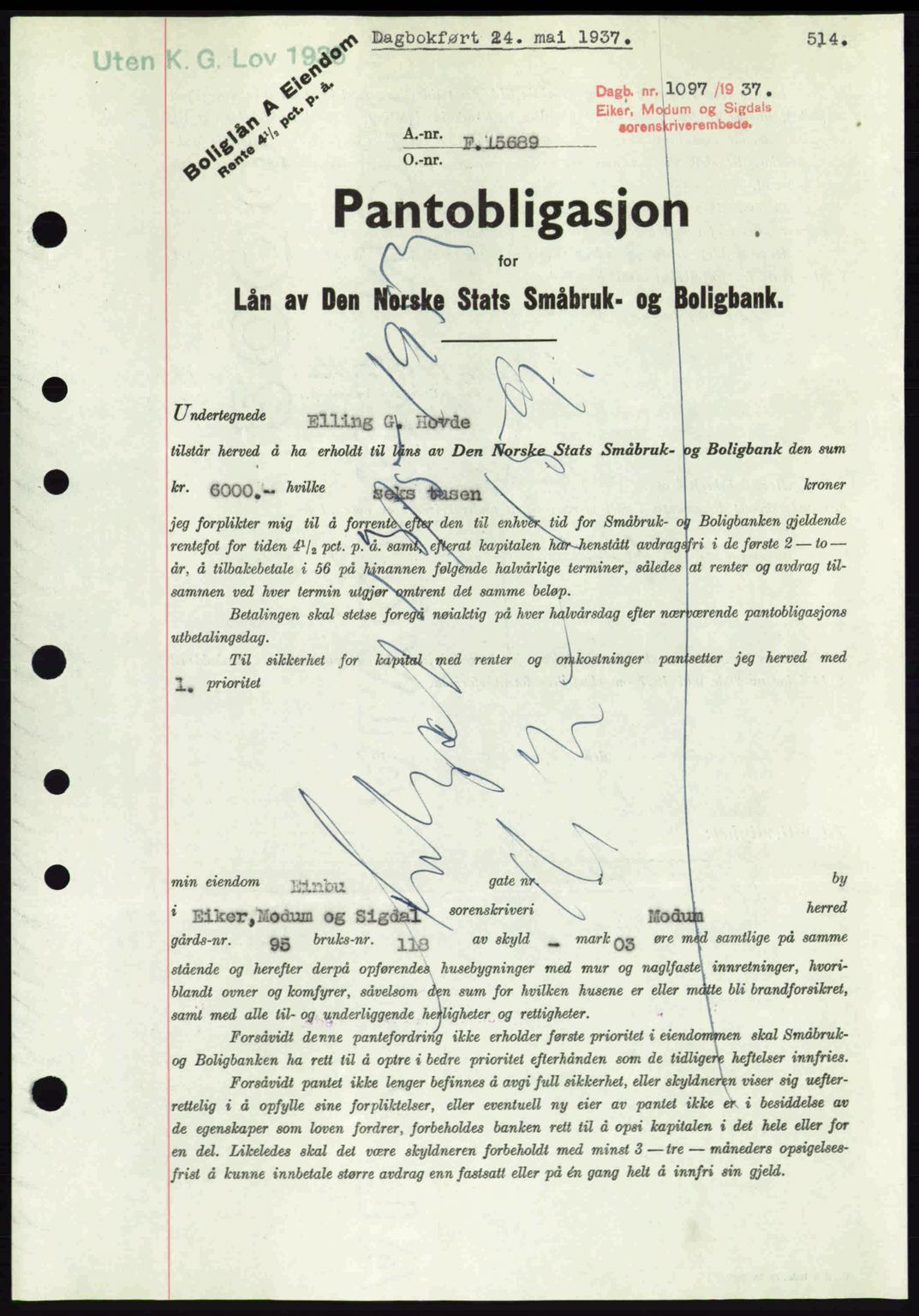 Eiker, Modum og Sigdal sorenskriveri, SAKO/A-123/G/Ga/Gab/L0035: Mortgage book no. A5, 1937-1937, Diary no: : 1097/1937