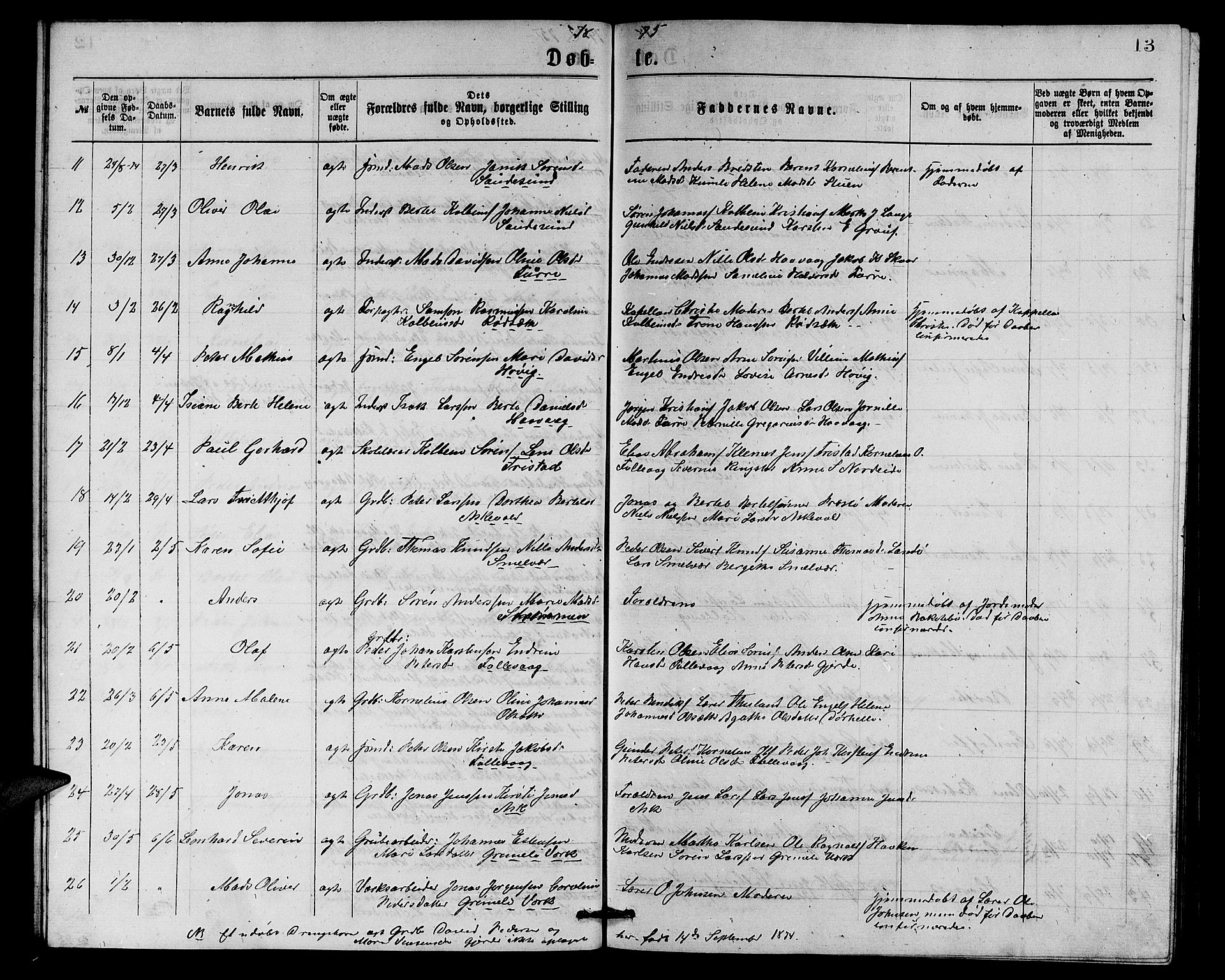 Askvoll sokneprestembete, AV/SAB-A-79501/H/Hab/Haba/L0002: Parish register (copy) no. A 2, 1873-1885, p. 13